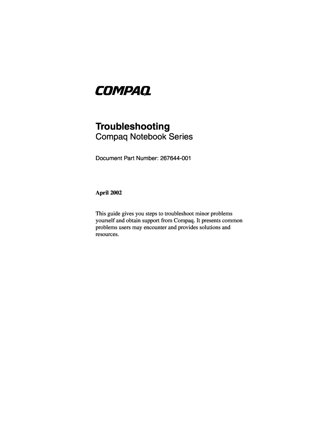 DeWalt 267644-001 manual Troubleshooting, Compaq Notebook Series, Document Part Number, April 