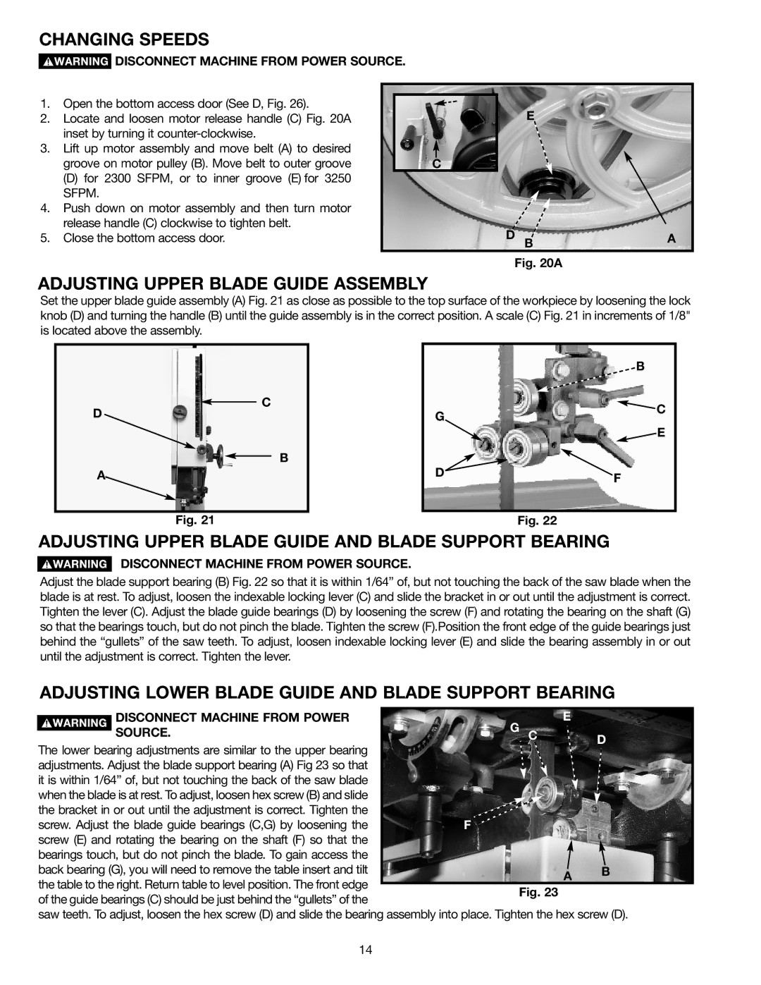 DeWalt 28-682 Changing Speeds, Adjusting Upper Blade Guide Assembly, Adjusting Upper Blade Guide and Blade Support Bearing 