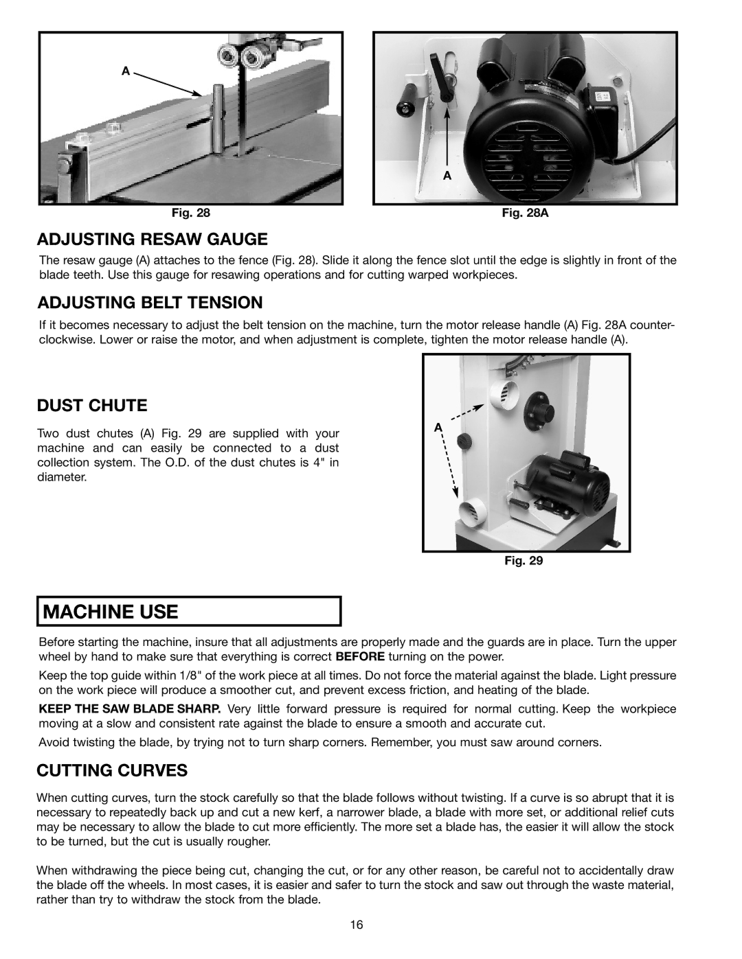 DeWalt 28-682 instruction manual Adjusting Resaw Gauge, Adjusting Belt Tension, Dust Chute, Cutting Curves 