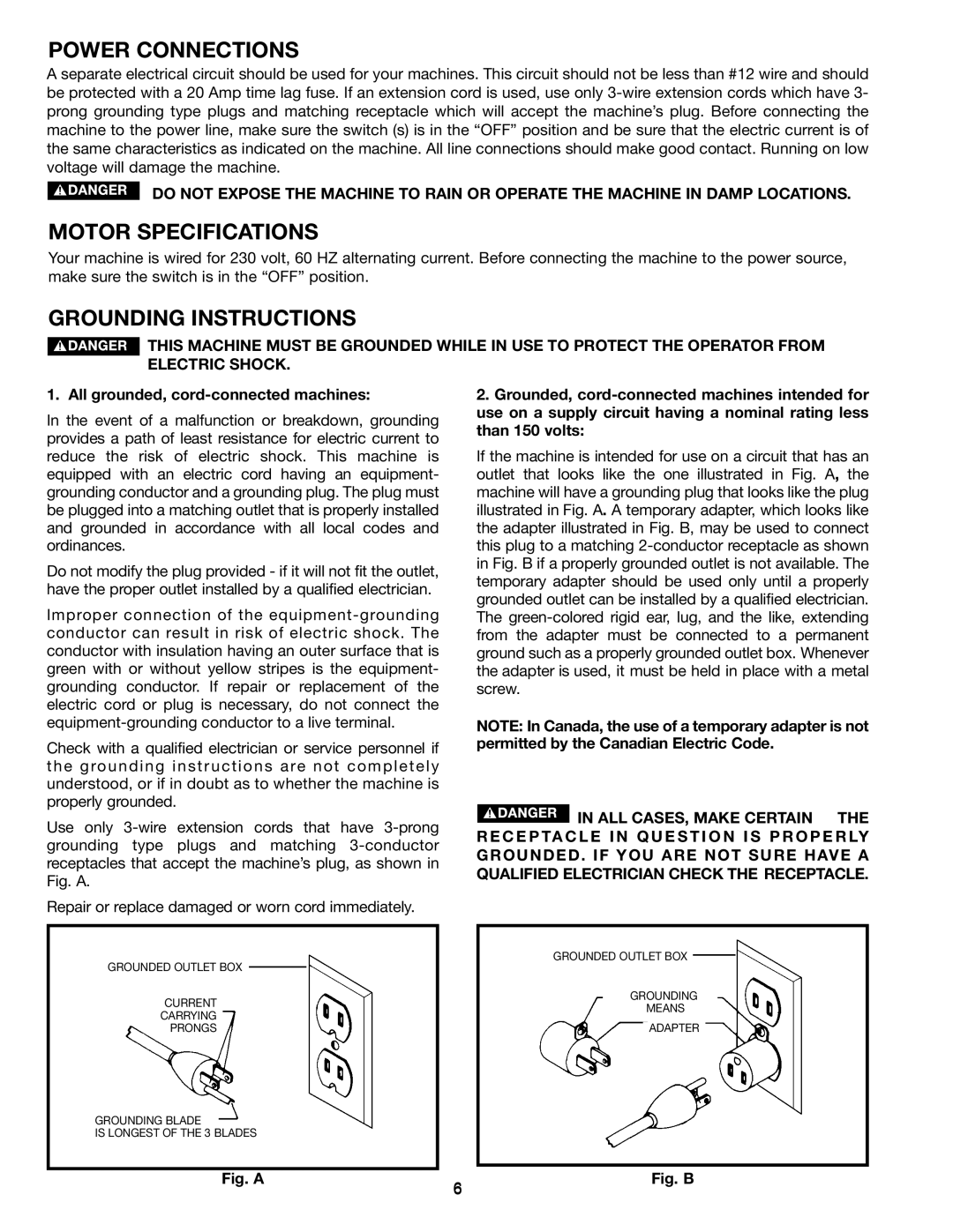 DeWalt 28-682 instruction manual Power Connections, Motor Specifications, Grounding Instructions 