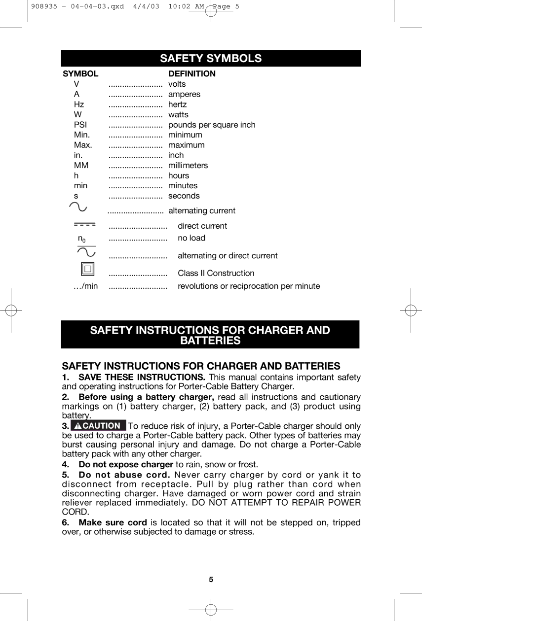 DeWalt 290 Safety Symbols, Safety Instructions for Charger Batteries, Safety Instructions for Charger and Batteries 