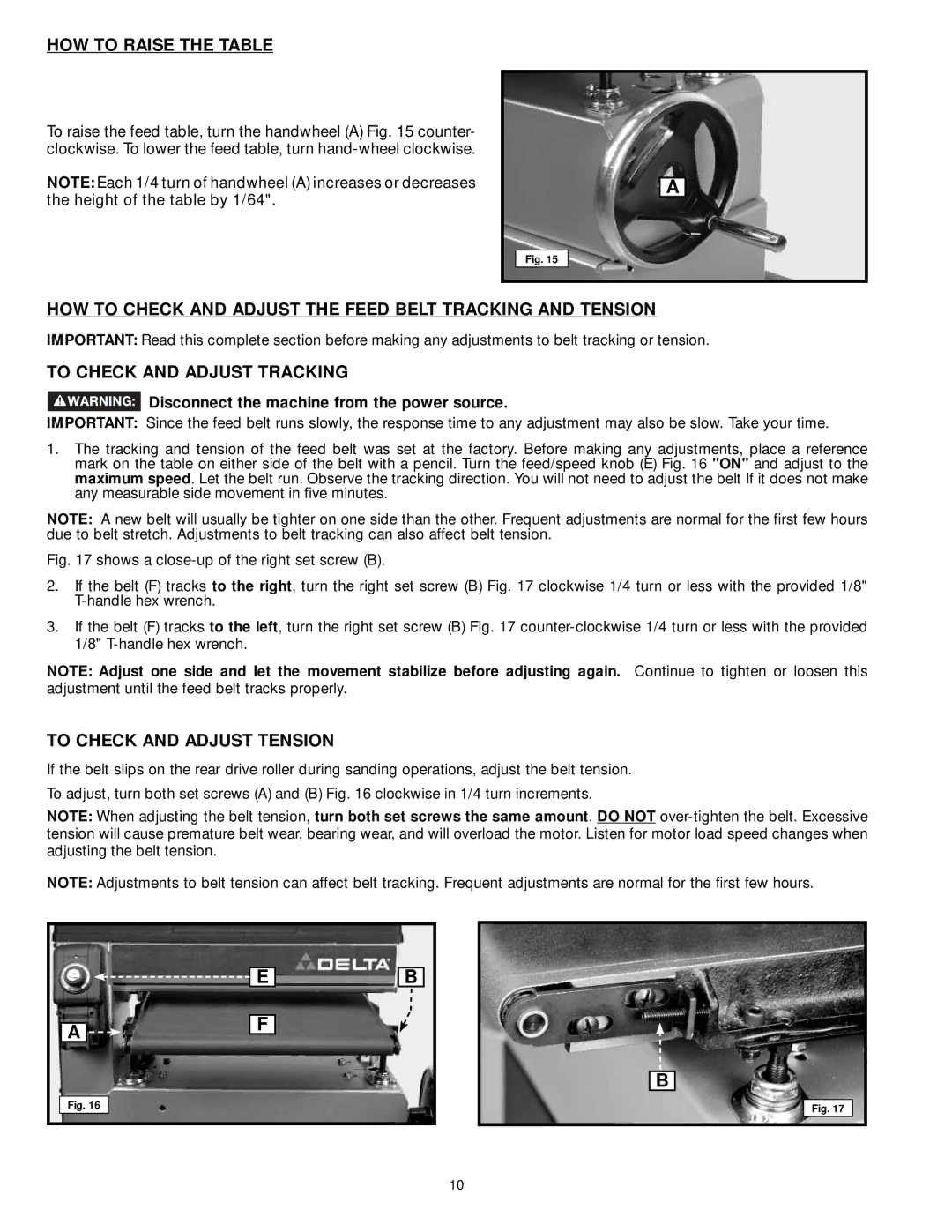 DeWalt 31-260X instruction manual HOW to Raise the Table, HOW to Check and Adjust the Feed Belt Tracking and Tension 