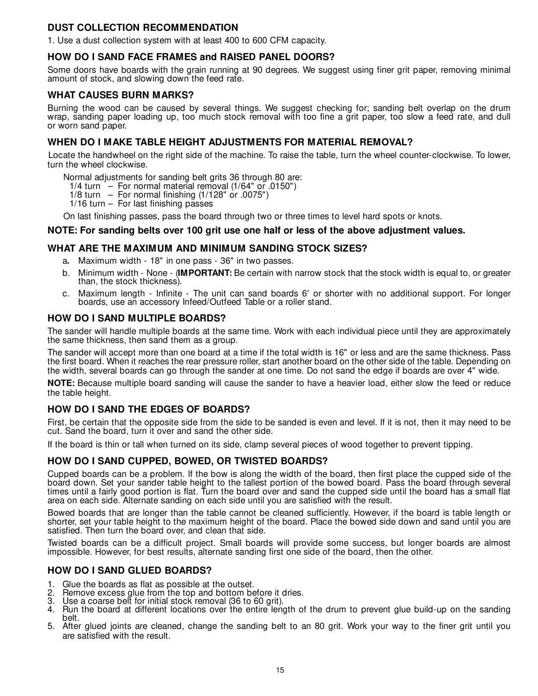 DeWalt 31-260X instruction manual Dust Collection Recommendation, What Causes Burn MARKS?, HOW do I Sand Multiple BOARDS? 