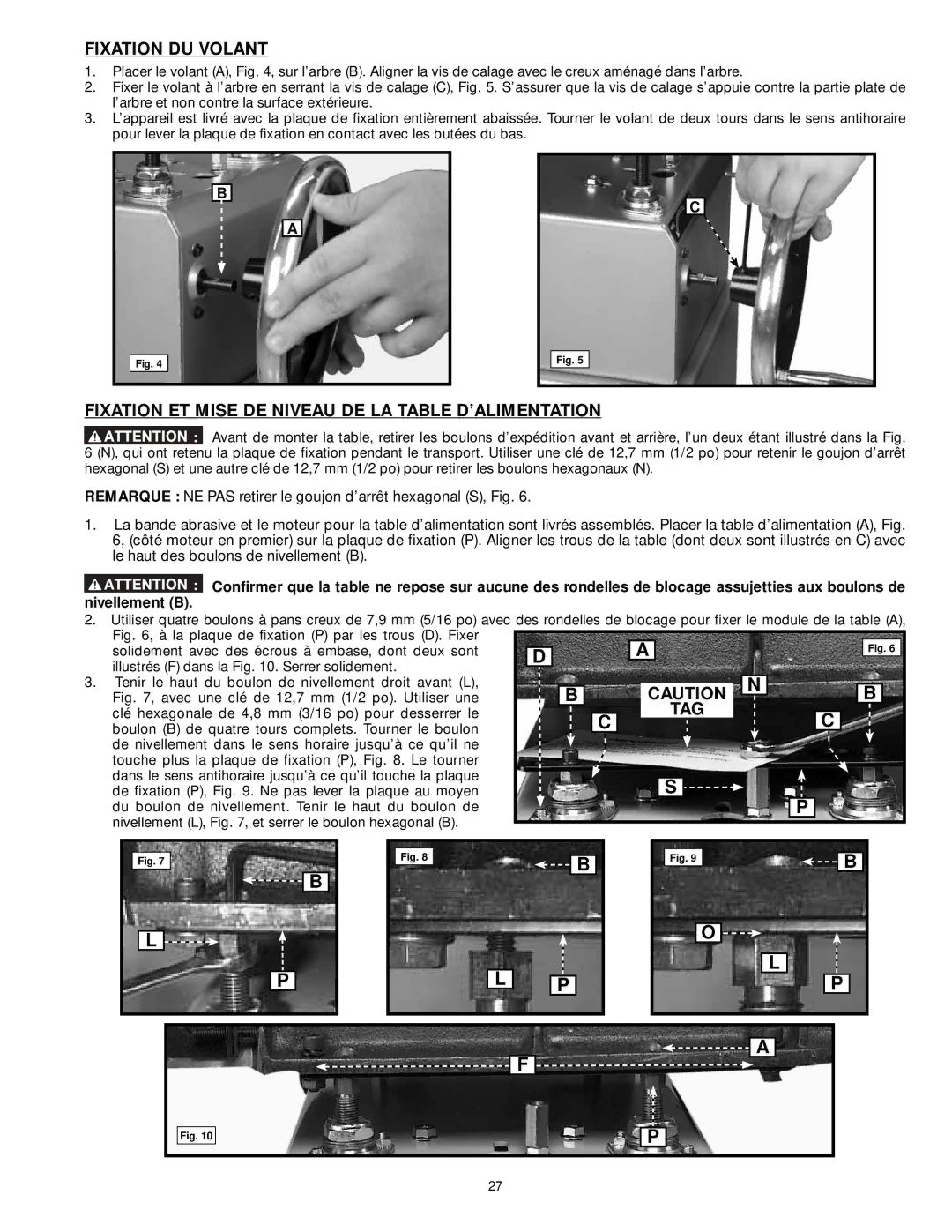 DeWalt 31-260X instruction manual Fixation DU Volant, Fixation ET Mise DE Niveau DE LA Table D’ALIMENTATION, Tag 