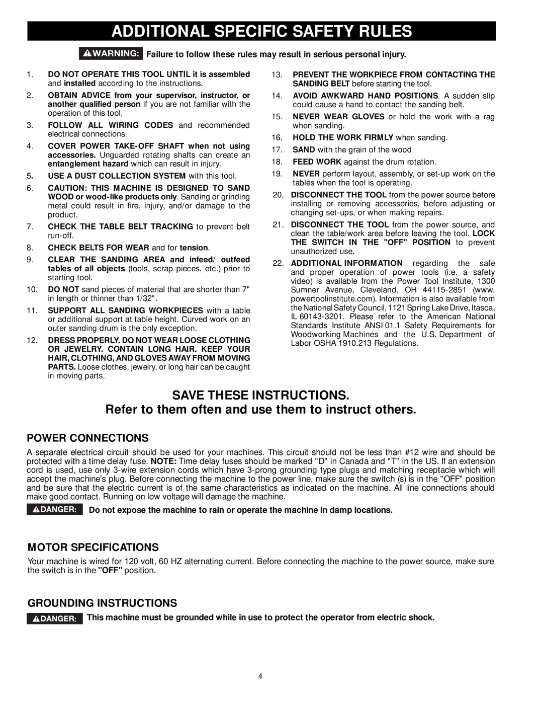 DeWalt 31-260X Additional Specific Safety Rules, Power Connections, Motor Specifications, Grounding Instructions 