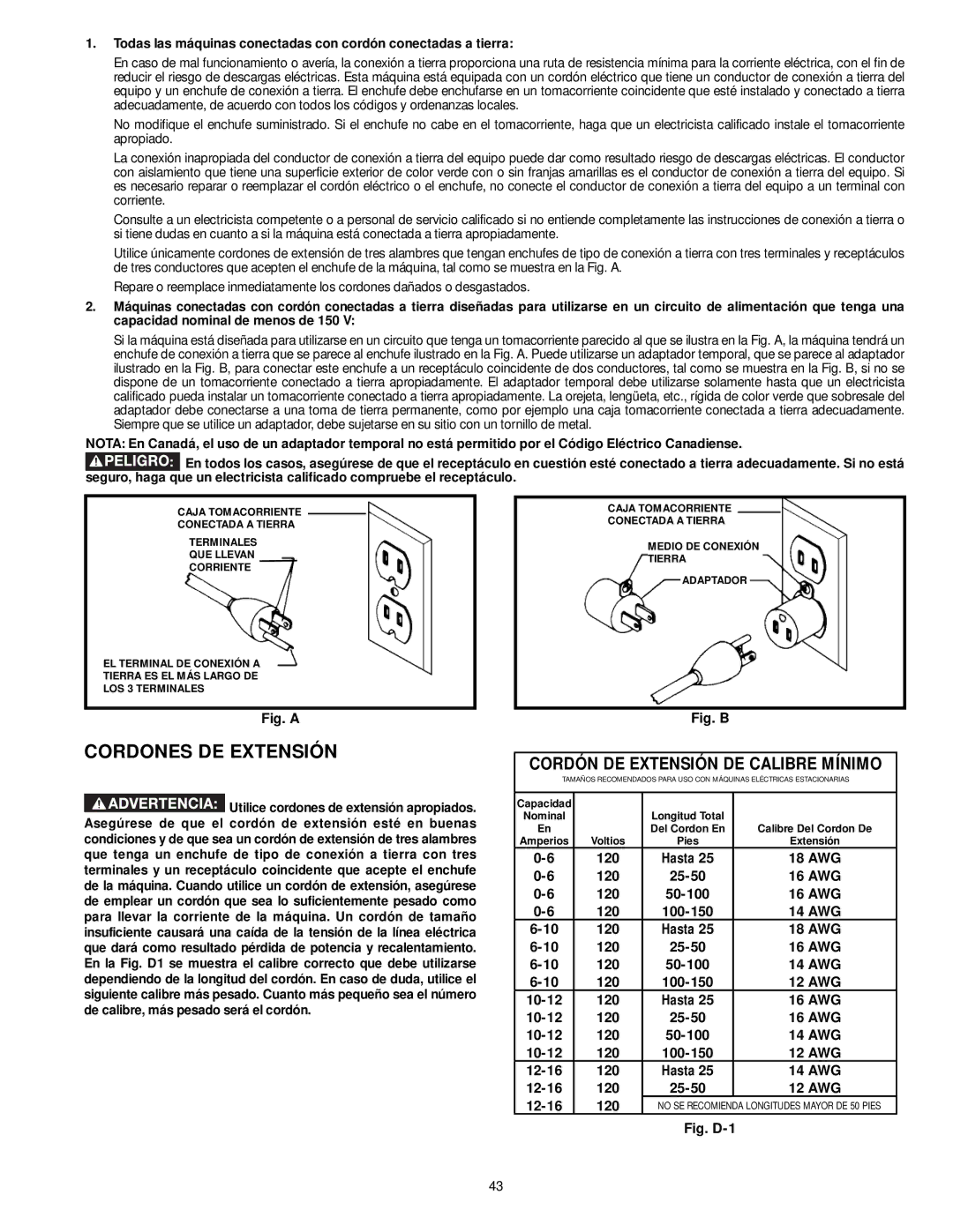 DeWalt 31-260X instruction manual Cordones DE Extensión, Cordón DE Extensión DE Calibre Mínimo 