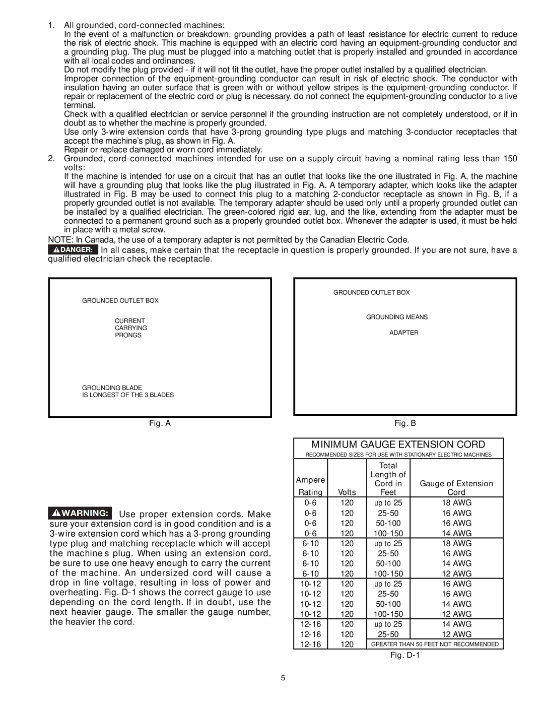 DeWalt 31-260X instruction manual Minimum Gauge Extension Cord, All grounded, cord-connected machines 