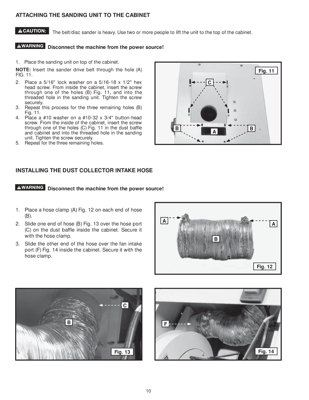 DeWalt 31-735 instruction manual Attaching the Sanding Unit to the Cabinet, Installing the Dust Collector Intake Hose 