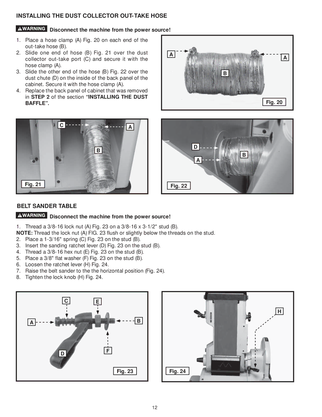 DeWalt 31-735 instruction manual Installing the Dust Collector OUT-TAKE Hose, Belt Sander Table 