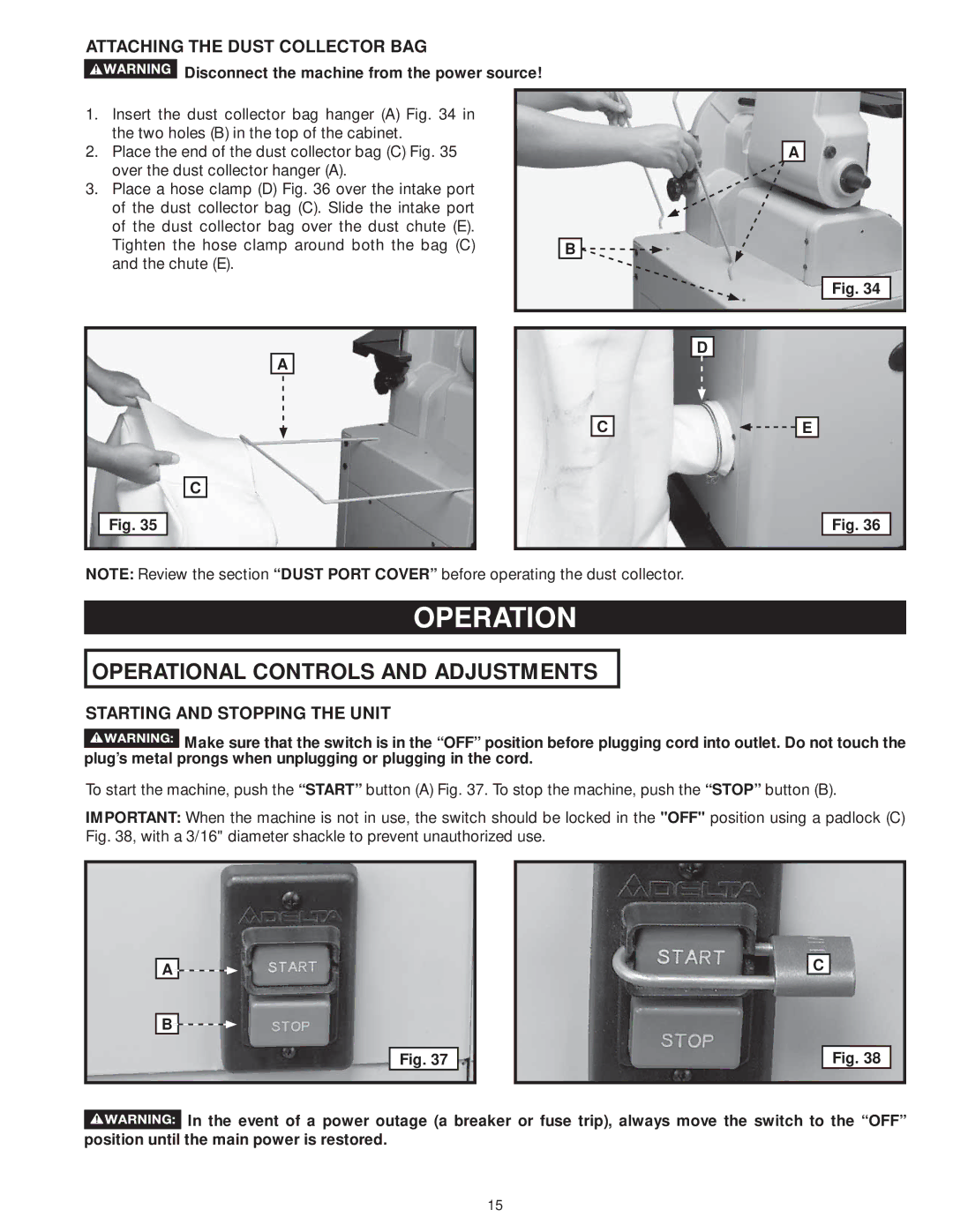 DeWalt 31-735 instruction manual Operation, Attaching the Dust Collector BAG, Starting and Stopping the Unit 