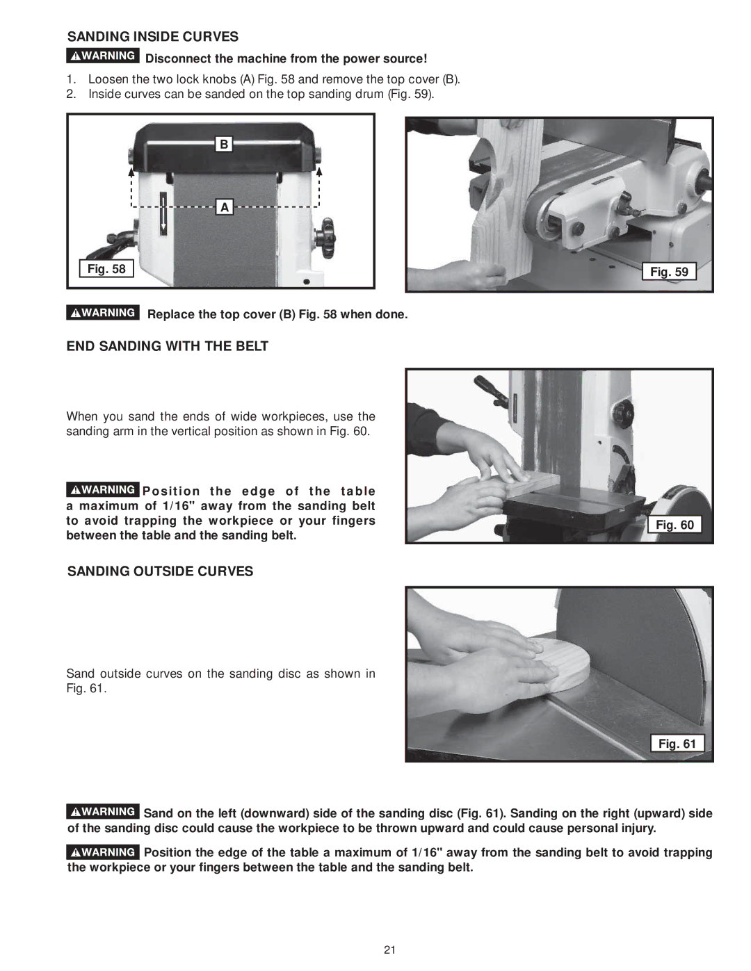 DeWalt 31-735 instruction manual Sanding Inside Curves, END Sanding with the Belt, Sanding Outside Curves 