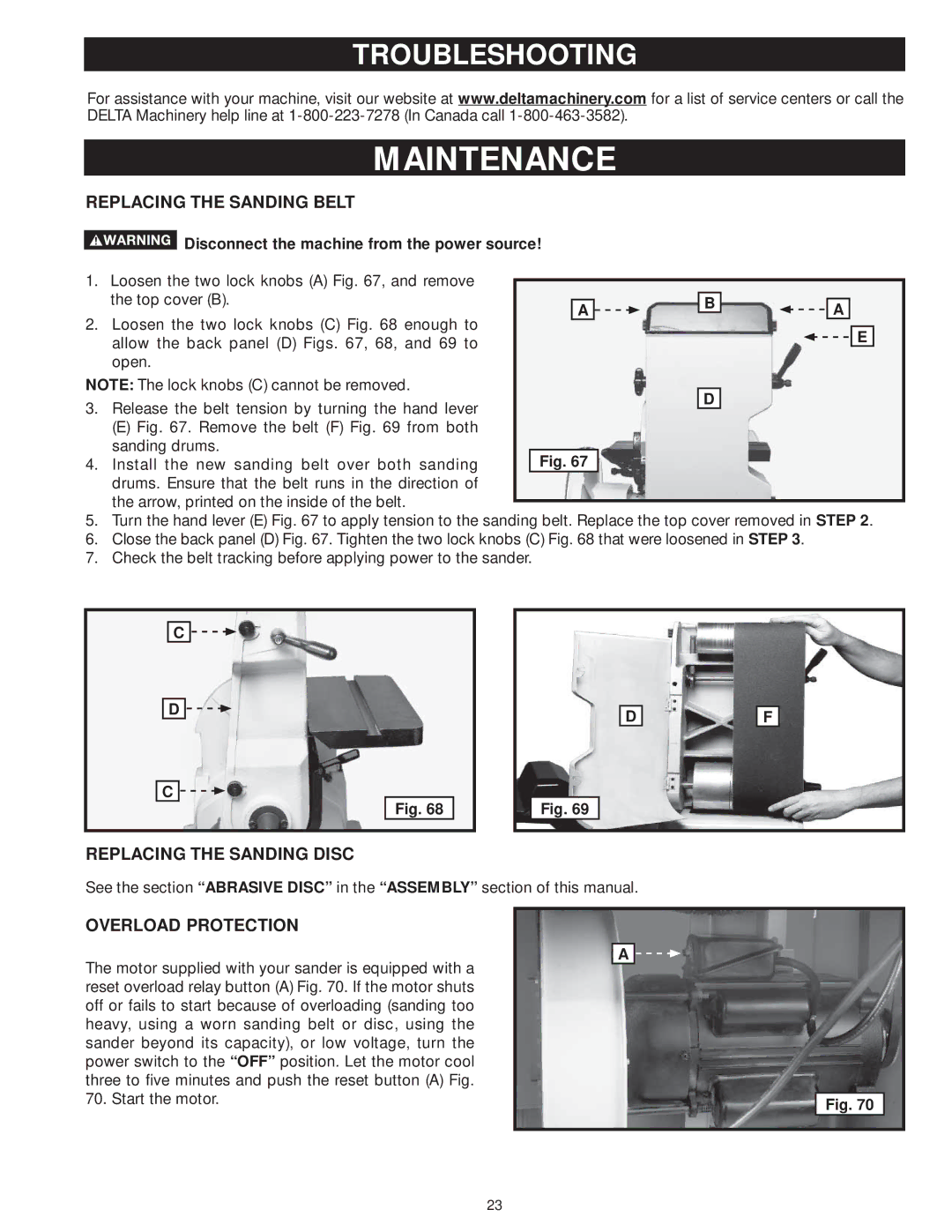 DeWalt 31-735 Troubleshooting, Replacing the Sanding Belt, Replacing the Sanding Disc, Overload Protection 