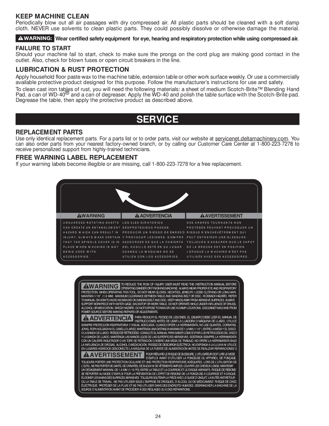 DeWalt 31-735 instruction manual Service, Keep Machine Clean, Lubrication & Rust Protection, Replacement Parts 