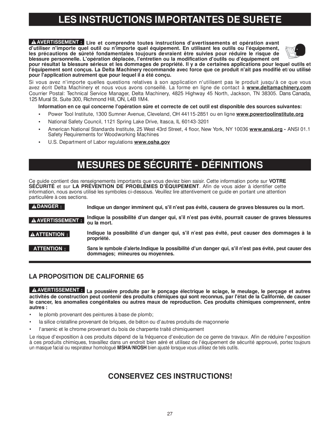 DeWalt 31-735 LES Instructions Importantes DE Surete, Mesures DE Sécurité Définitions, LA Proposition DE Californie 