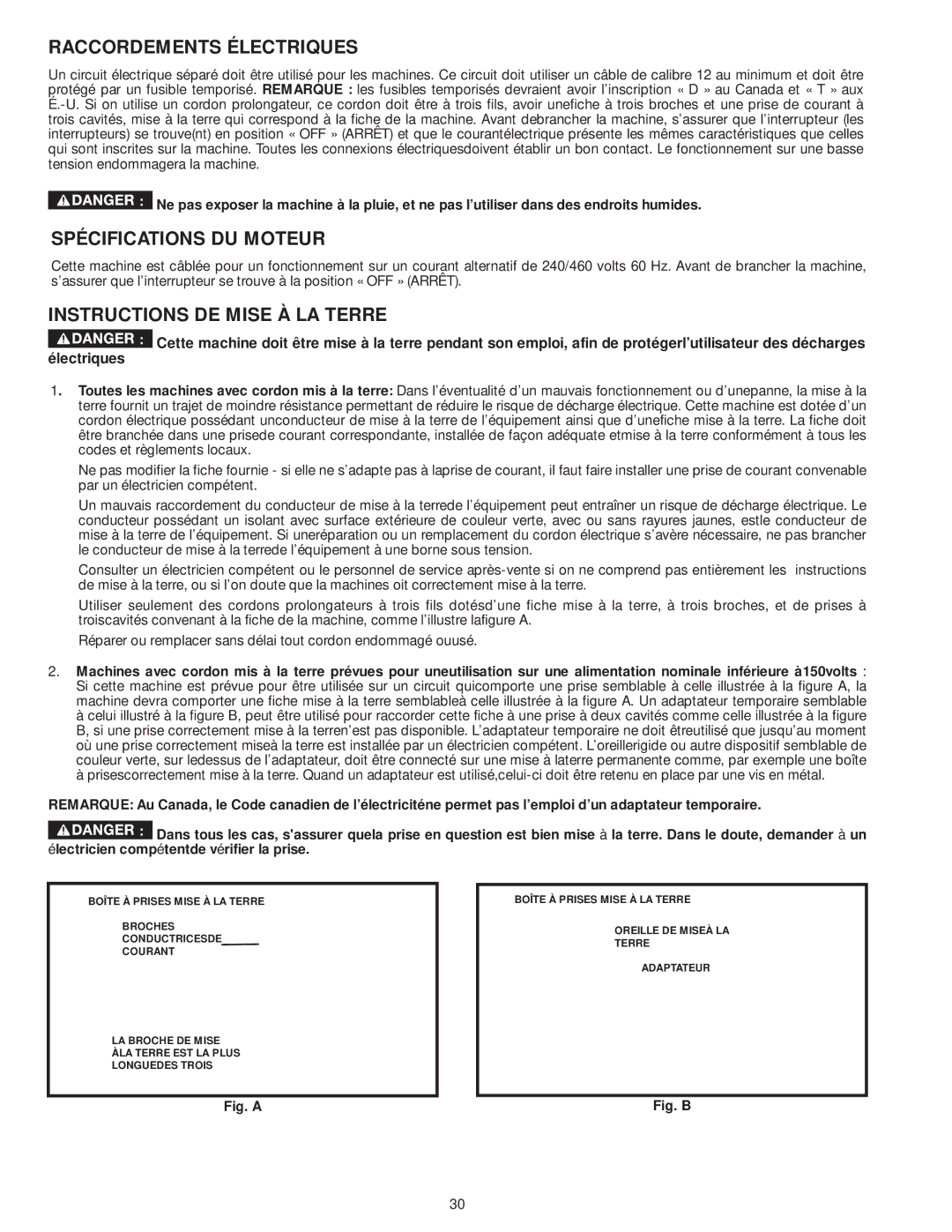 DeWalt 31-735 instruction manual Raccordements Électriques, Spécifications DU Moteur, Instructions DE Mise À LA Terre 