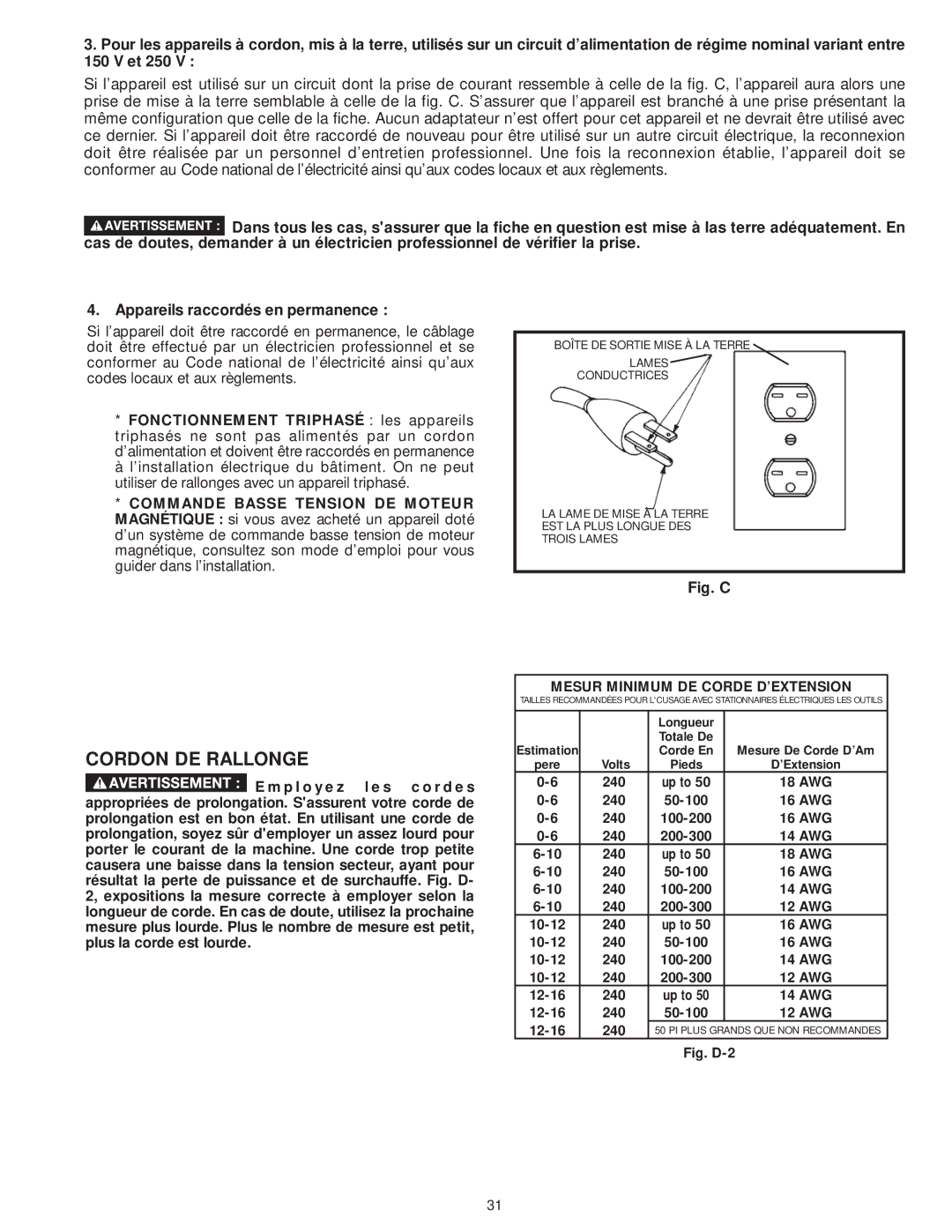 DeWalt 31-735 instruction manual Cordon DE Rallonge, Mesur Minimum DE Corde D’EXTENSION 