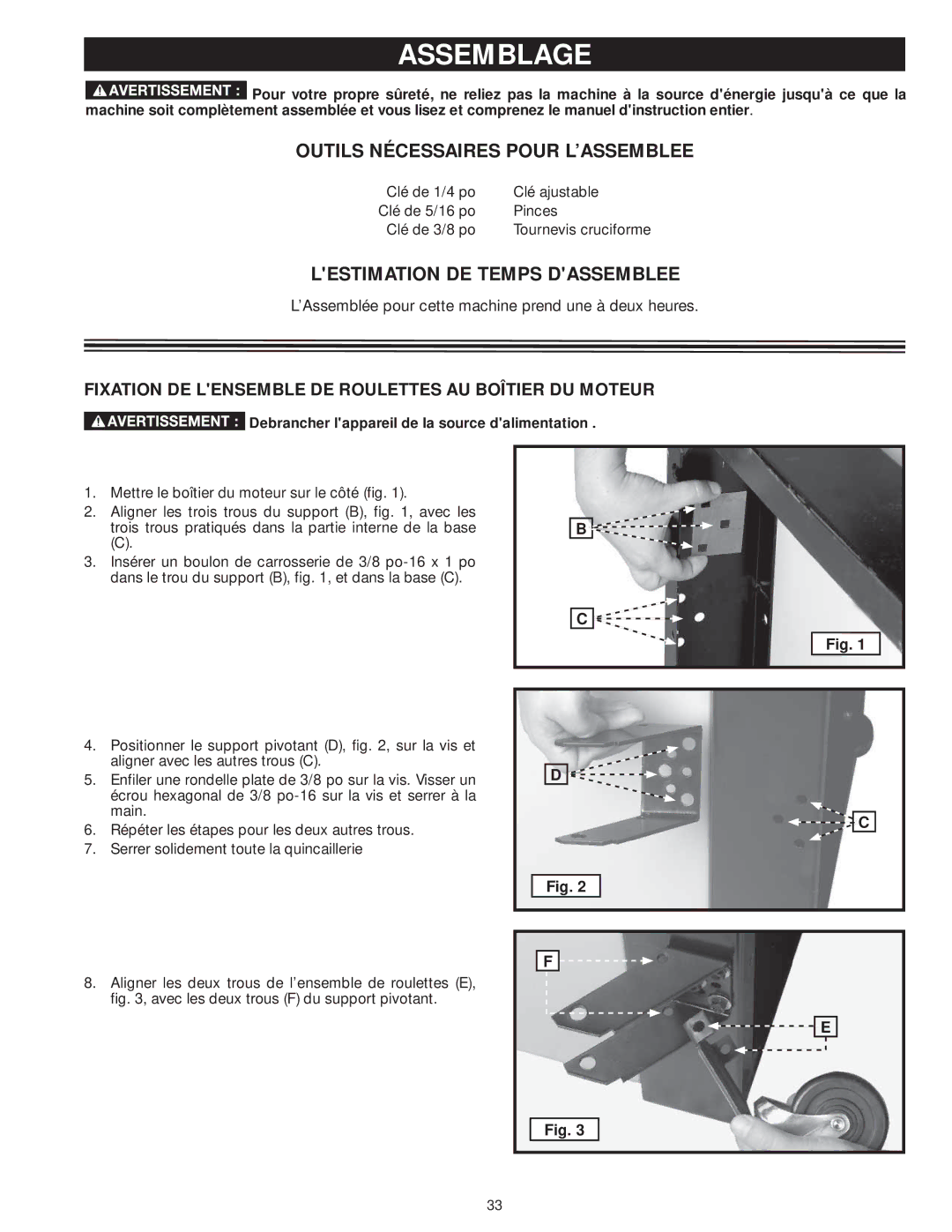 DeWalt 31-735 instruction manual Assemblage, Outils Nécessaires Pour L’ASSEMBLEE, Lestimation DE Temps Dassemblee 