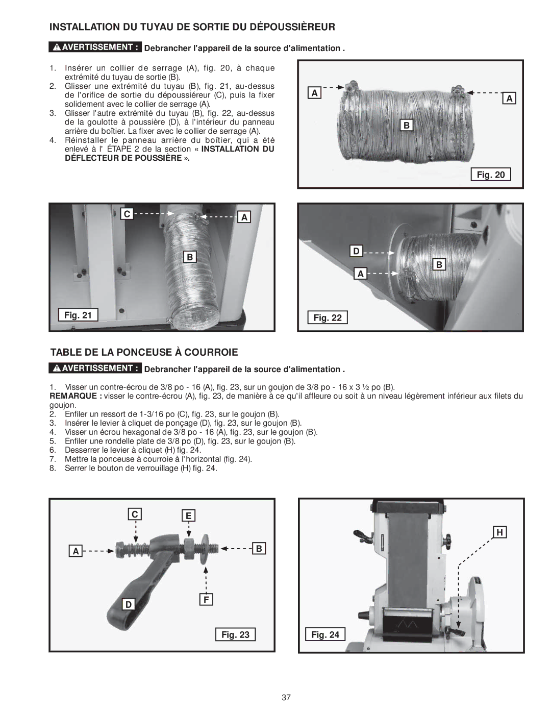 DeWalt 31-735 instruction manual Installation DU Tuyau DE Sortie DU Dépoussièreur, Table DE LA Ponceuse À Courroie 