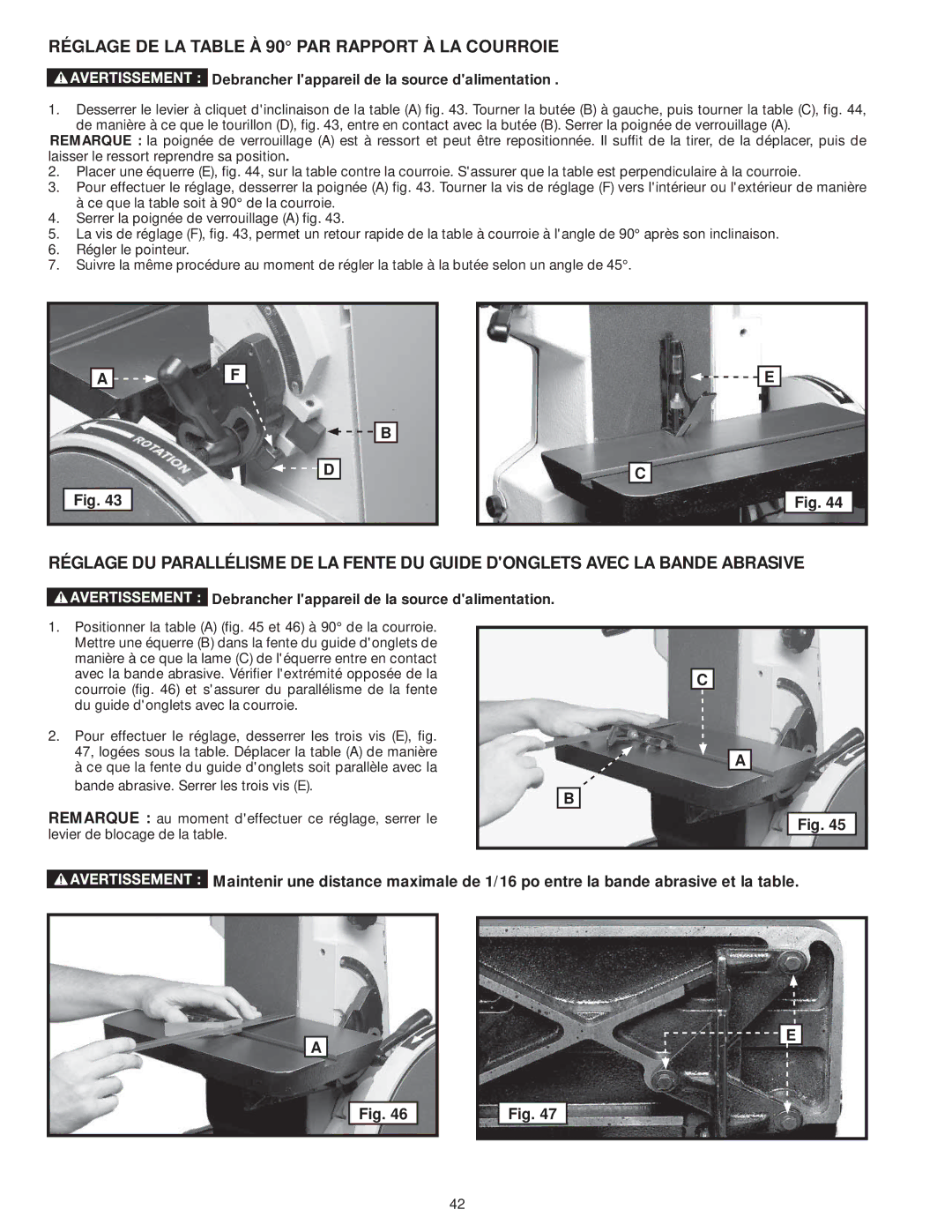 DeWalt 31-735 instruction manual Réglage DE LA Table À 90 PAR Rapport À LA Courroie 