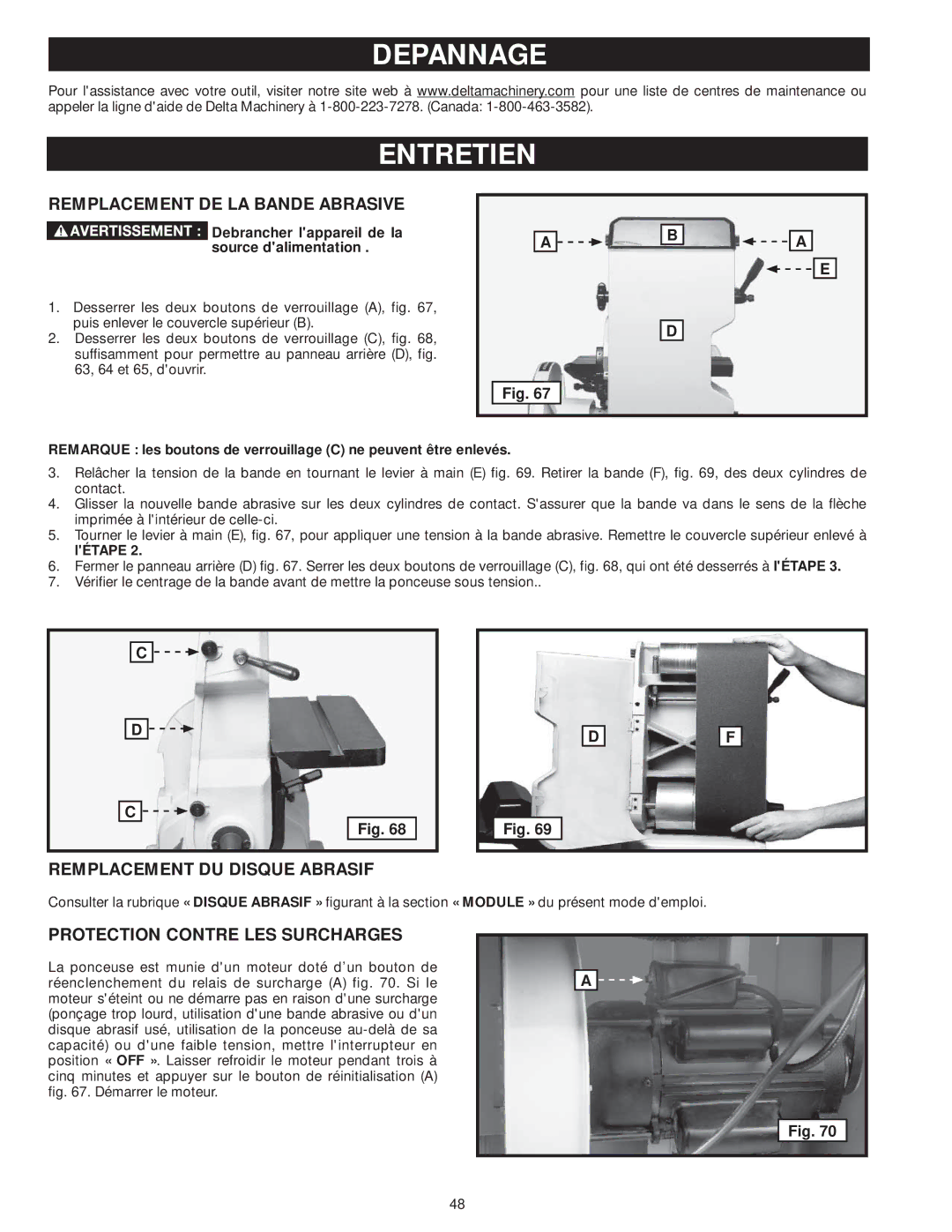 DeWalt 31-735 instruction manual Depannage Entretien, Remplacement DE LA Bande Abrasive, Remplacement DU Disque Abrasif 