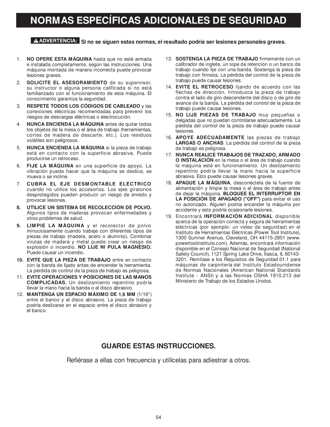 DeWalt 31-735 instruction manual Normas Específicas Adicionales DE Seguridad, Guarde Estas Instrucciones 