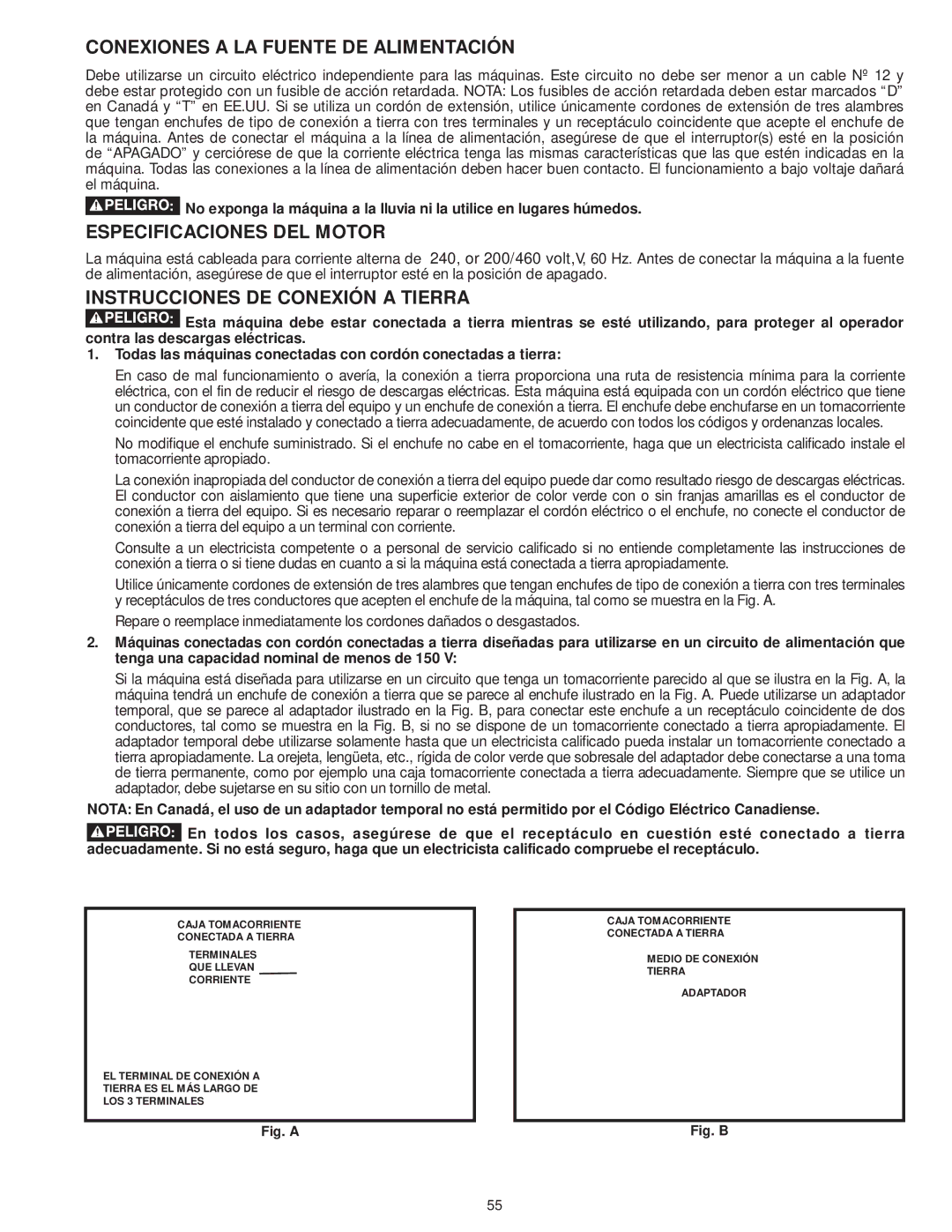 DeWalt 31-735 Conexiones a LA Fuente DE Alimentación, Especificaciones DEL Motor, Instrucciones DE Conexión a Tierra 