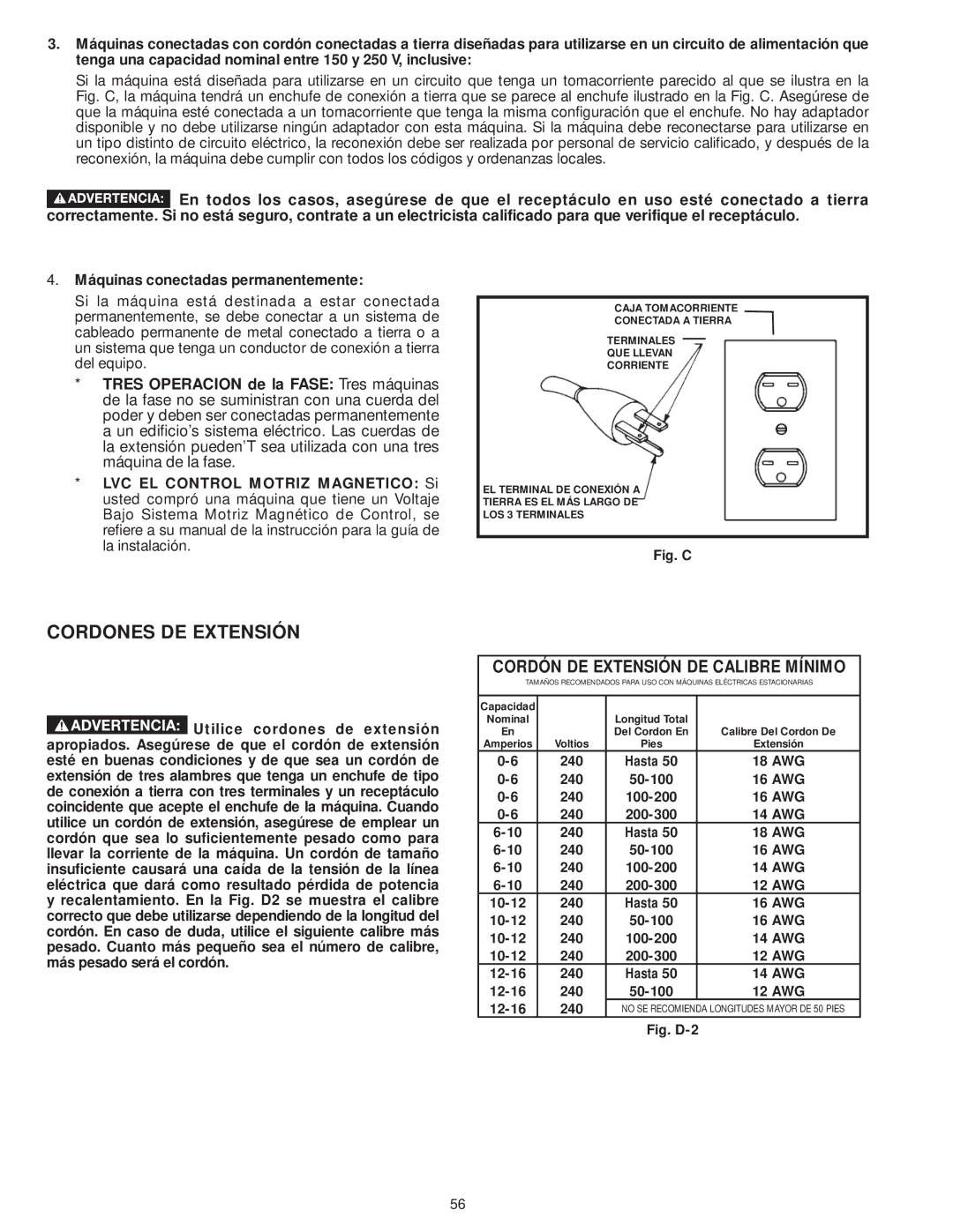 DeWalt 31-735 instruction manual Cordones DE Extensión, Cordón DE Extensión DE Calibre Mínimo 