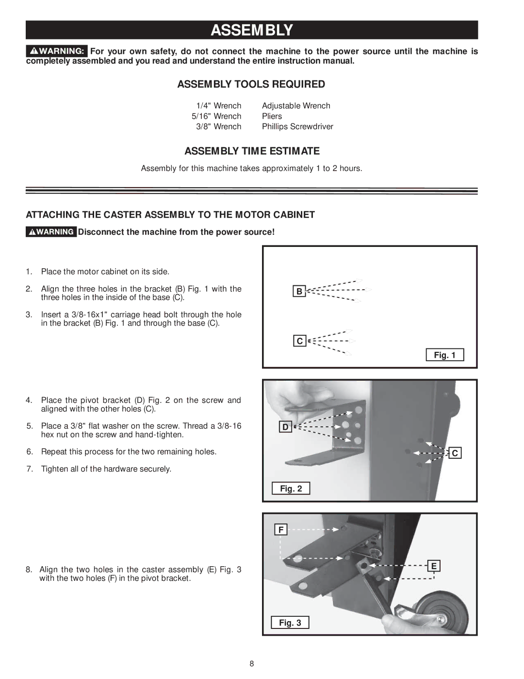 DeWalt 31-735 Assembly Tools Required, Assembly Time Estimate, Attaching the Caster Assembly to the Motor Cabinet 