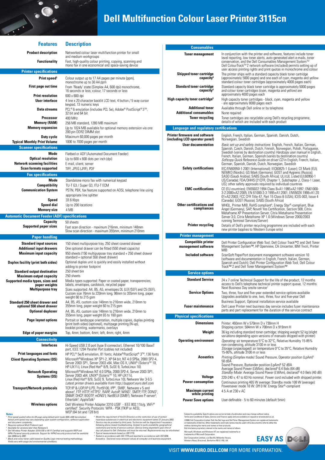 DeWalt 3115CN warranty Consumables, Printer speciﬁcations, Language and regulatory certiﬁcations, Scanner speciﬁcations 