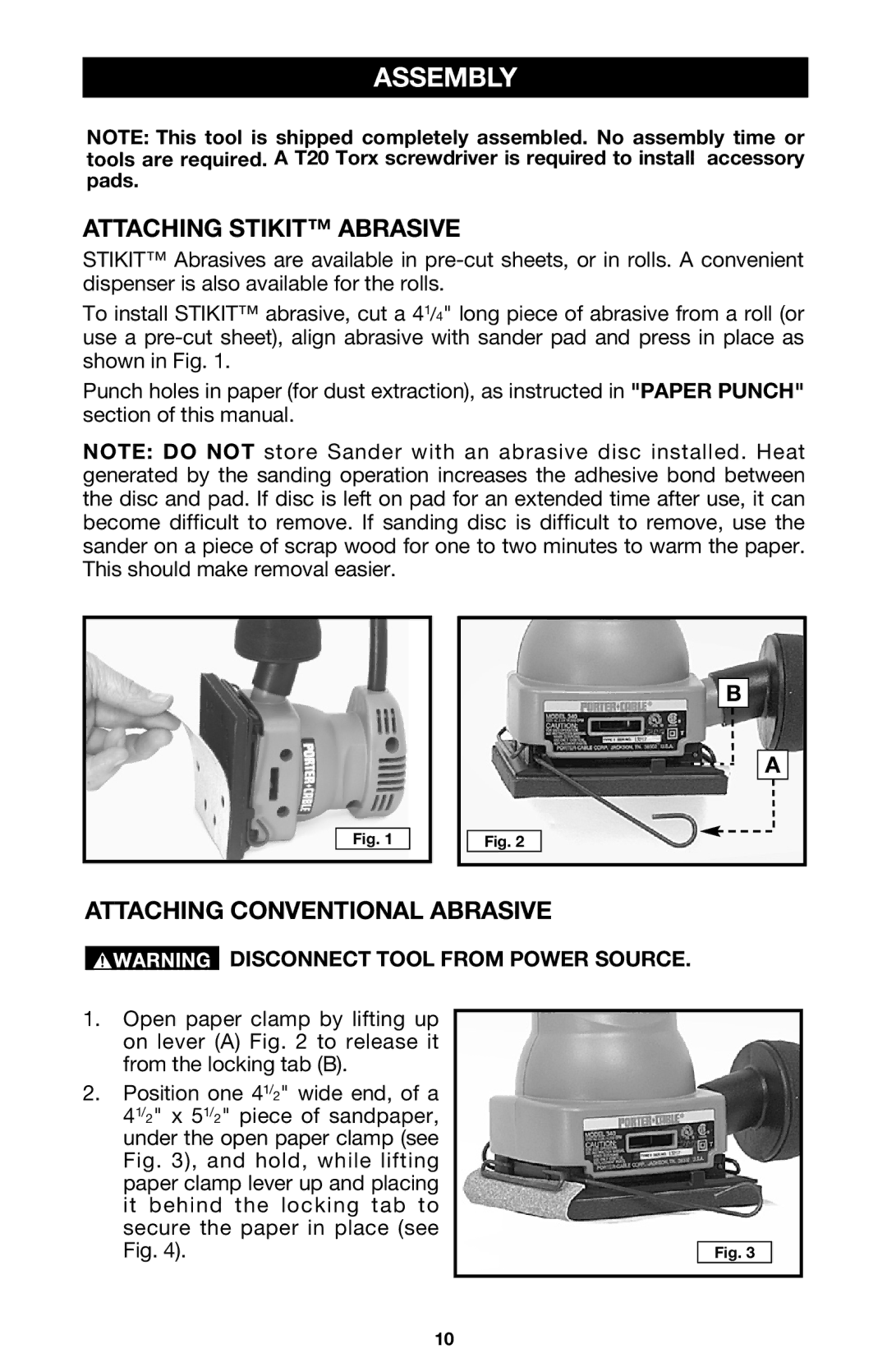 DeWalt 340 instruction manual Assembly, Attaching Stikit Abrasive, Attaching Conventional Abrasive 