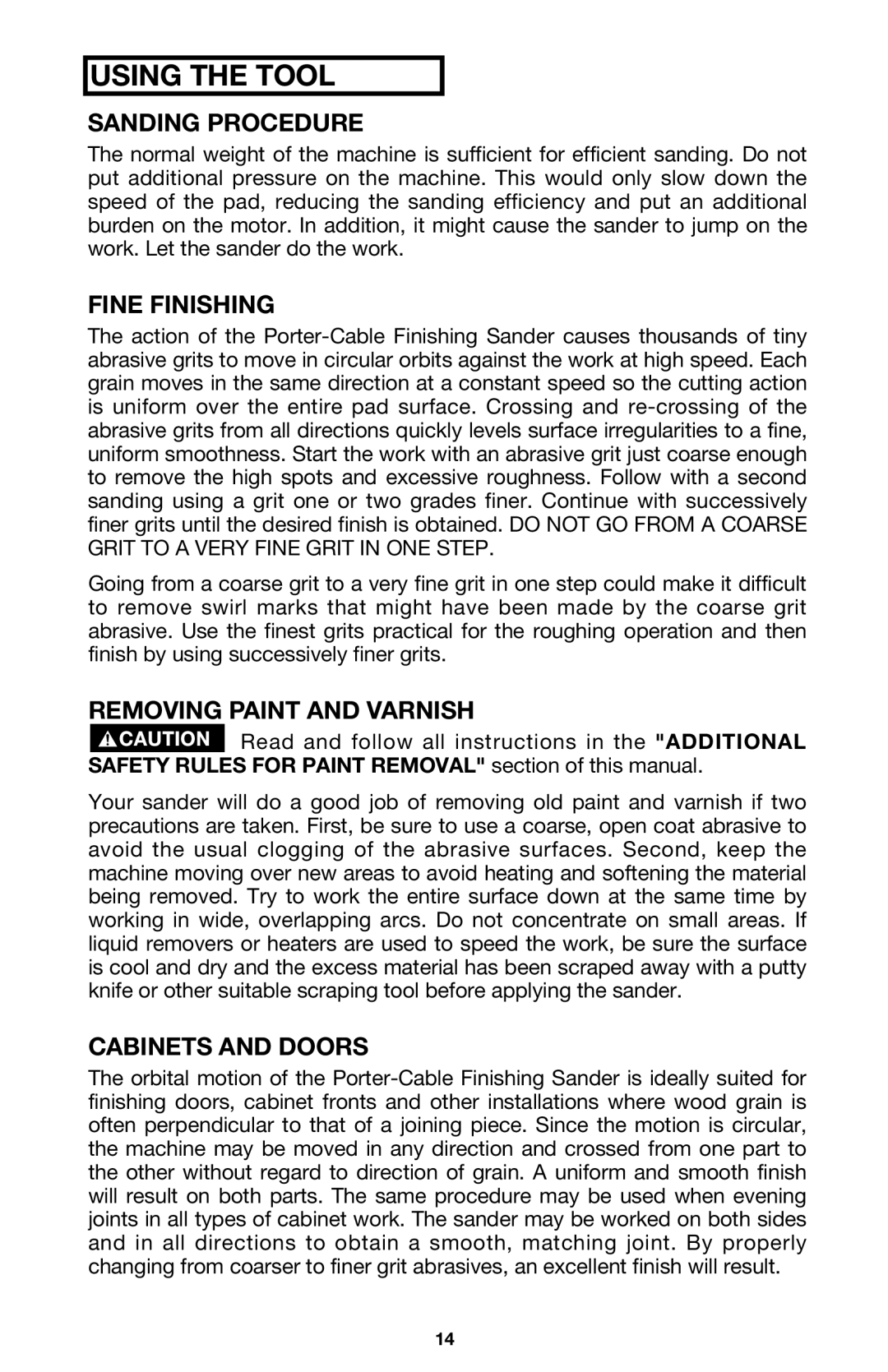 DeWalt 340 instruction manual Sanding Procedure, Fine Finishing, Removing Paint and Varnish, Cabinets and Doors 