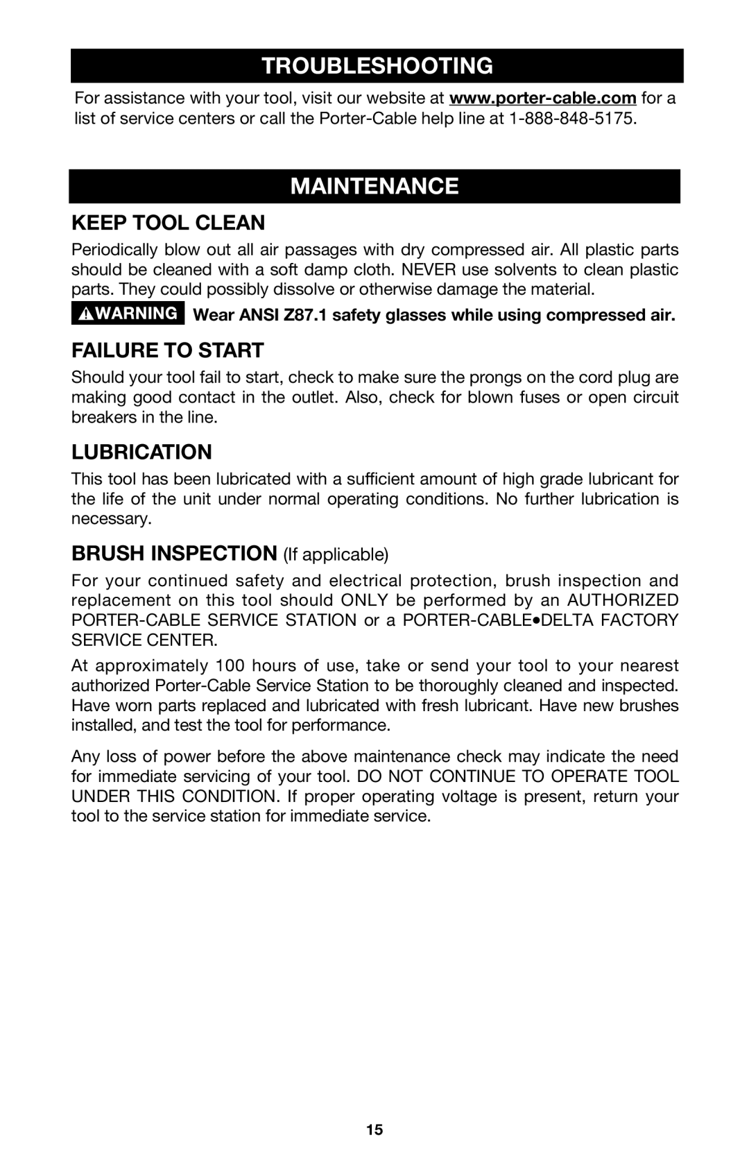 DeWalt 340 instruction manual Troubleshooting Maintenance, Keep Tool Clean, Failure to Start, Lubrication 