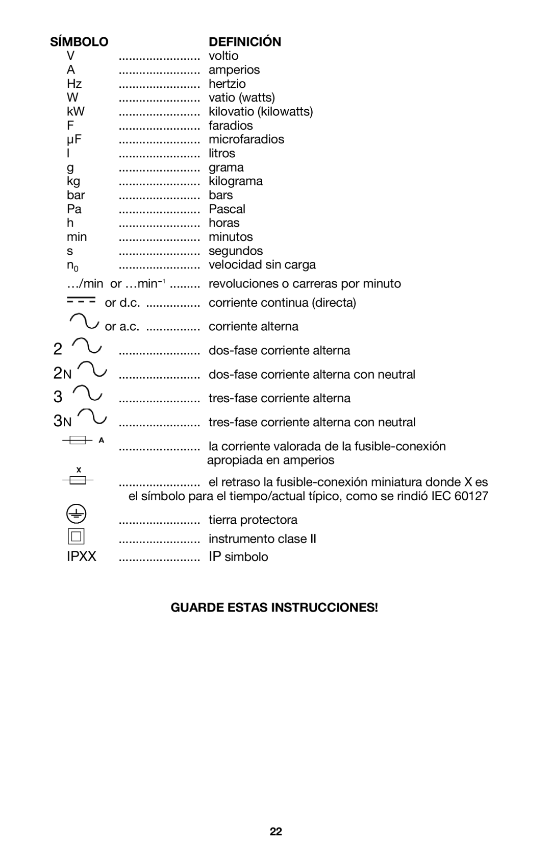 DeWalt 340 instruction manual Símbolo Definición 