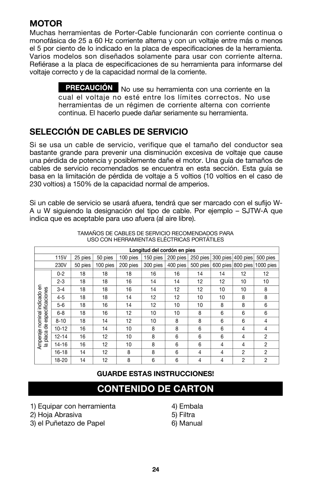 DeWalt 340 instruction manual Contenido DE Carton, Selección DE Cables DE Servicio 