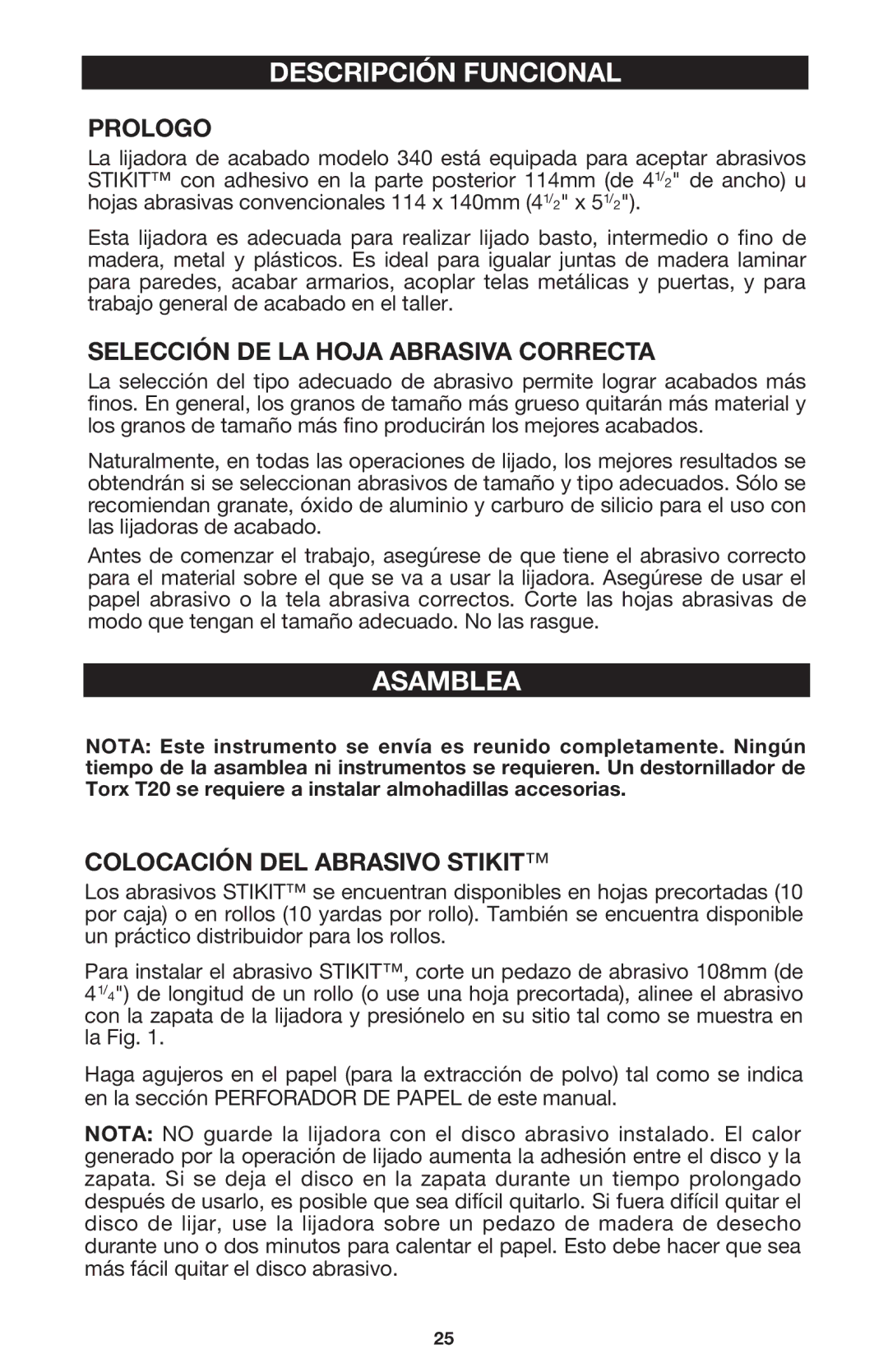 DeWalt 340 instruction manual Descripción Funcional, Asamblea, Prologo, Selección DE LA Hoja Abrasiva Correcta 