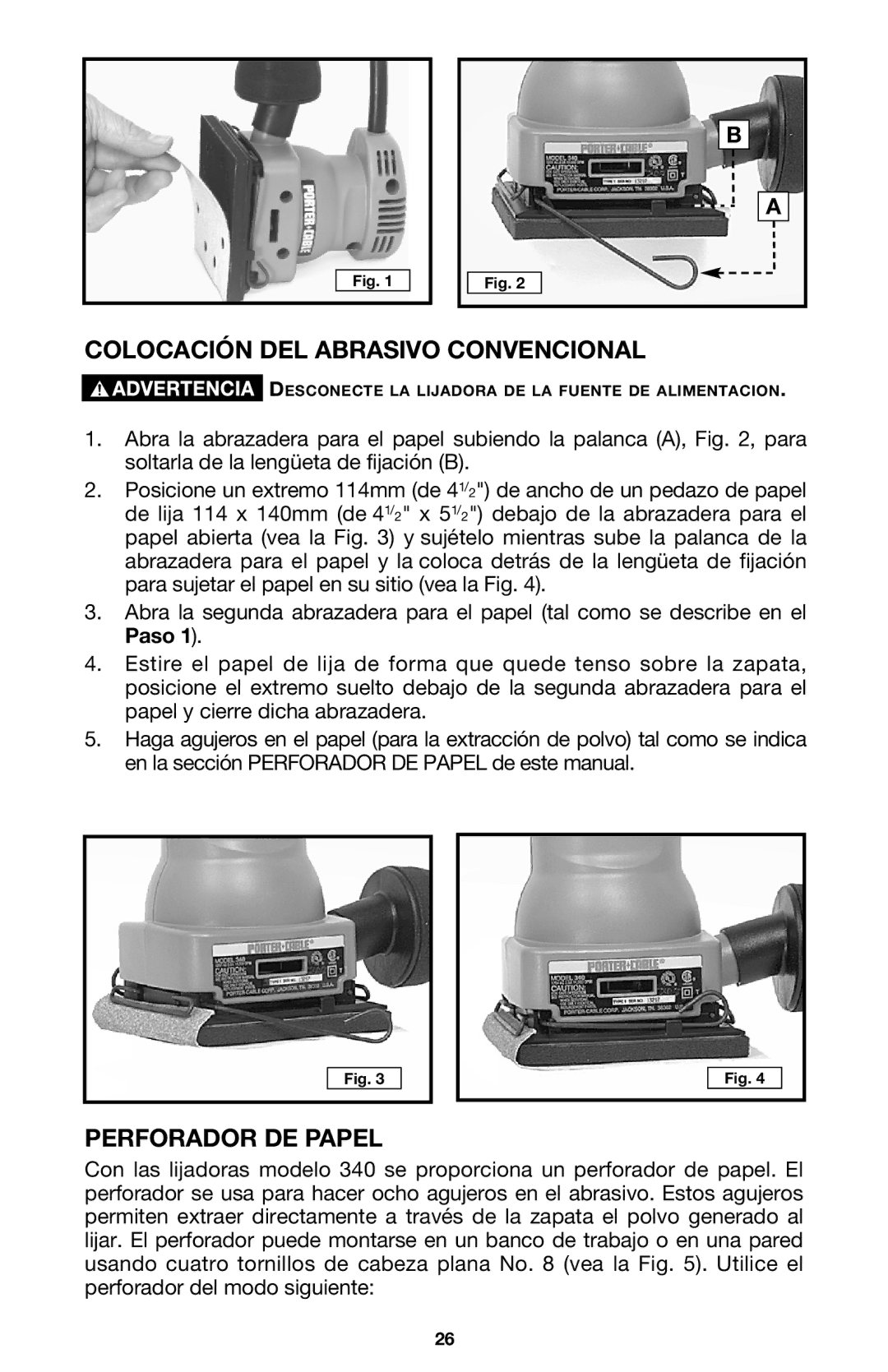 DeWalt 340 instruction manual Colocación DEL Abrasivo Convencional, Perforador DE Papel 