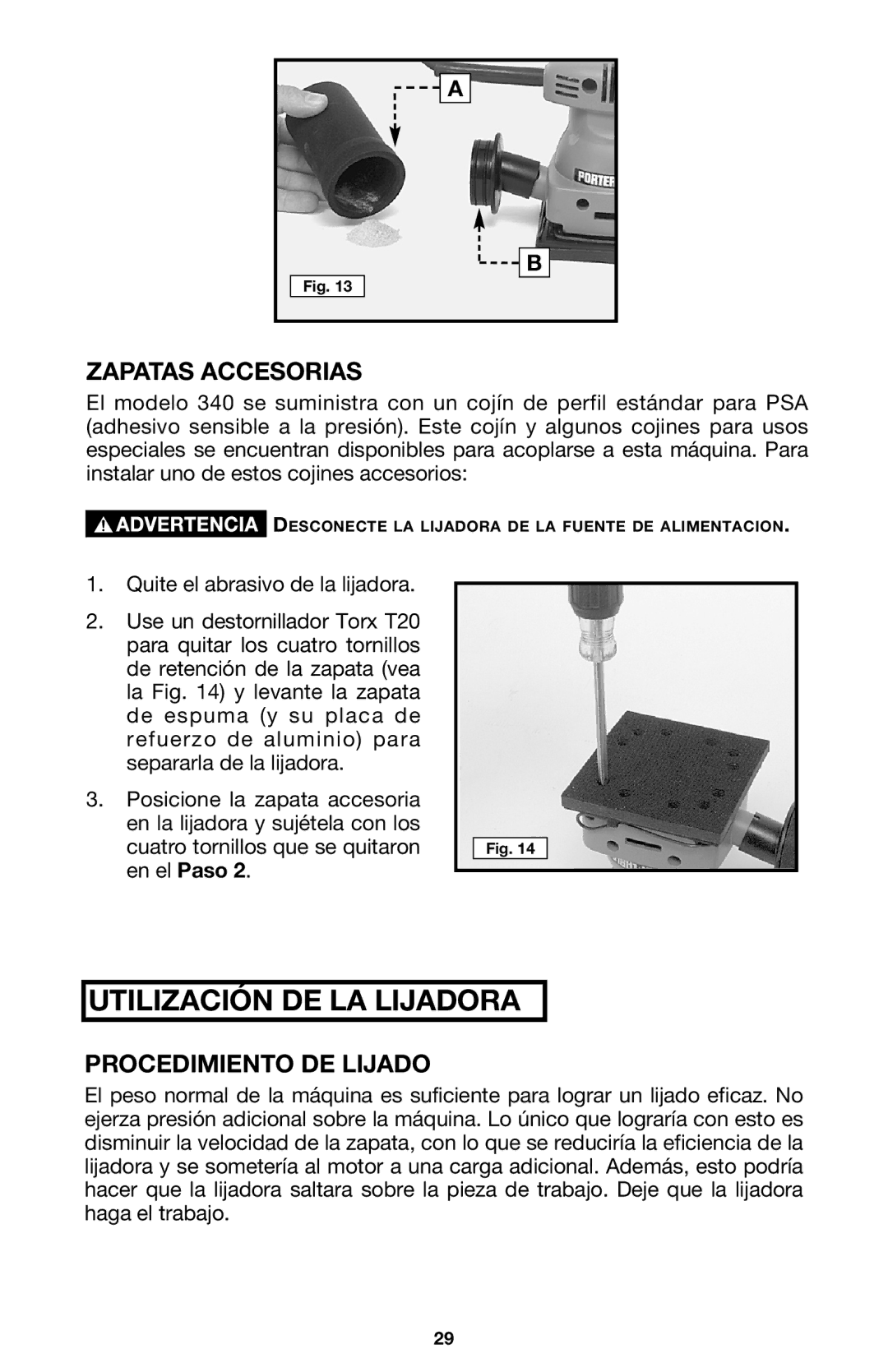 DeWalt 340 instruction manual Zapatas Accesorias, Procedimiento DE Lijado 