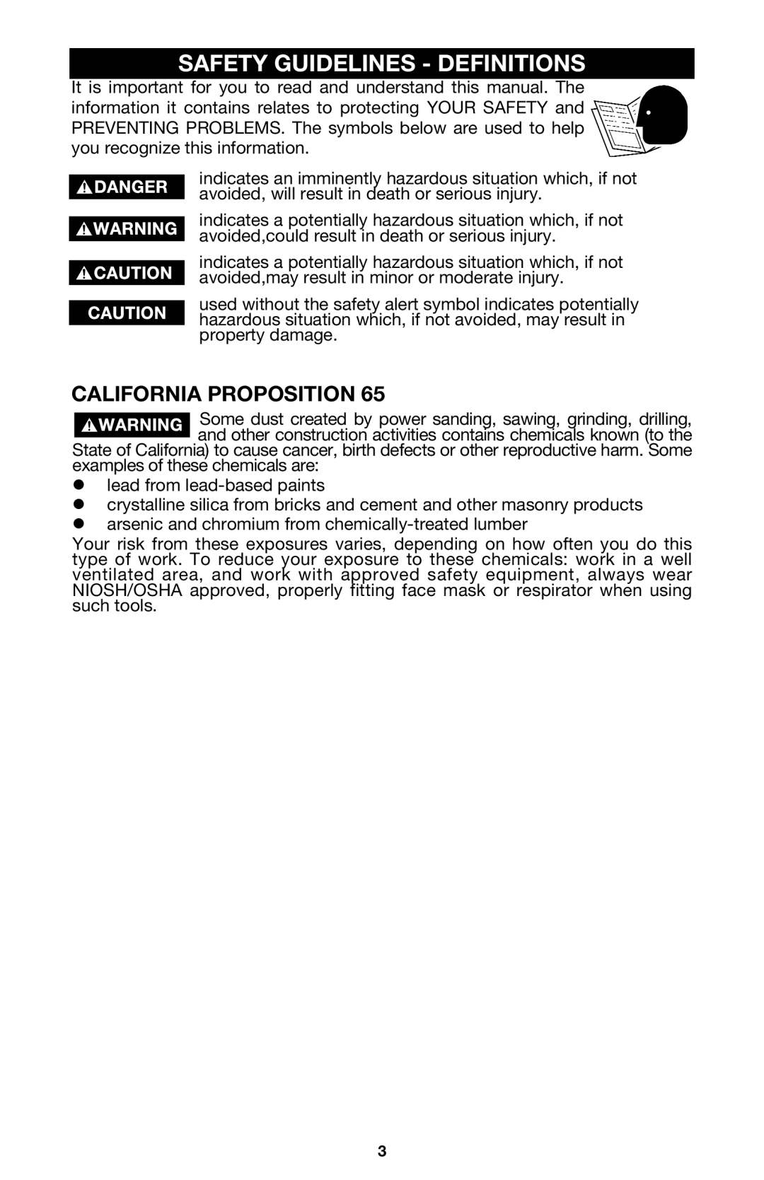 DeWalt 340 instruction manual Safety Guidelines Definitions, California Proposition 