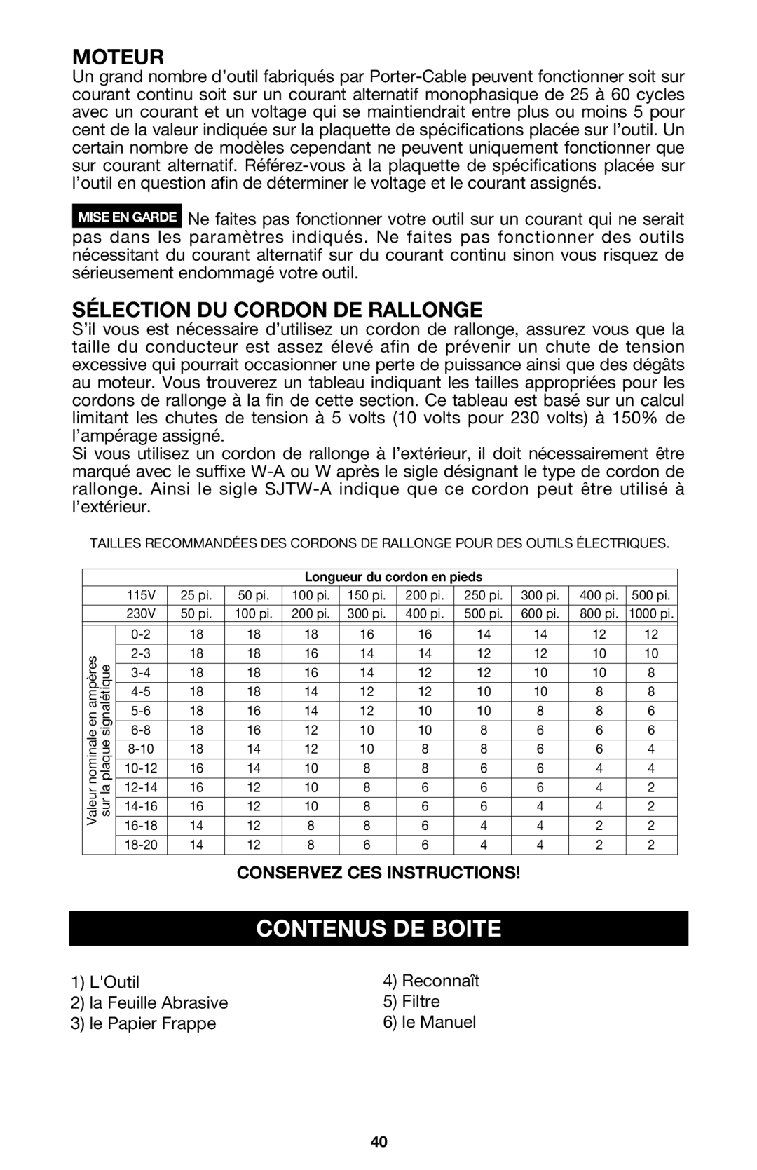 DeWalt 340 instruction manual Contenus DE Boite, Moteur, Sélection DU Cordon DE Rallonge 