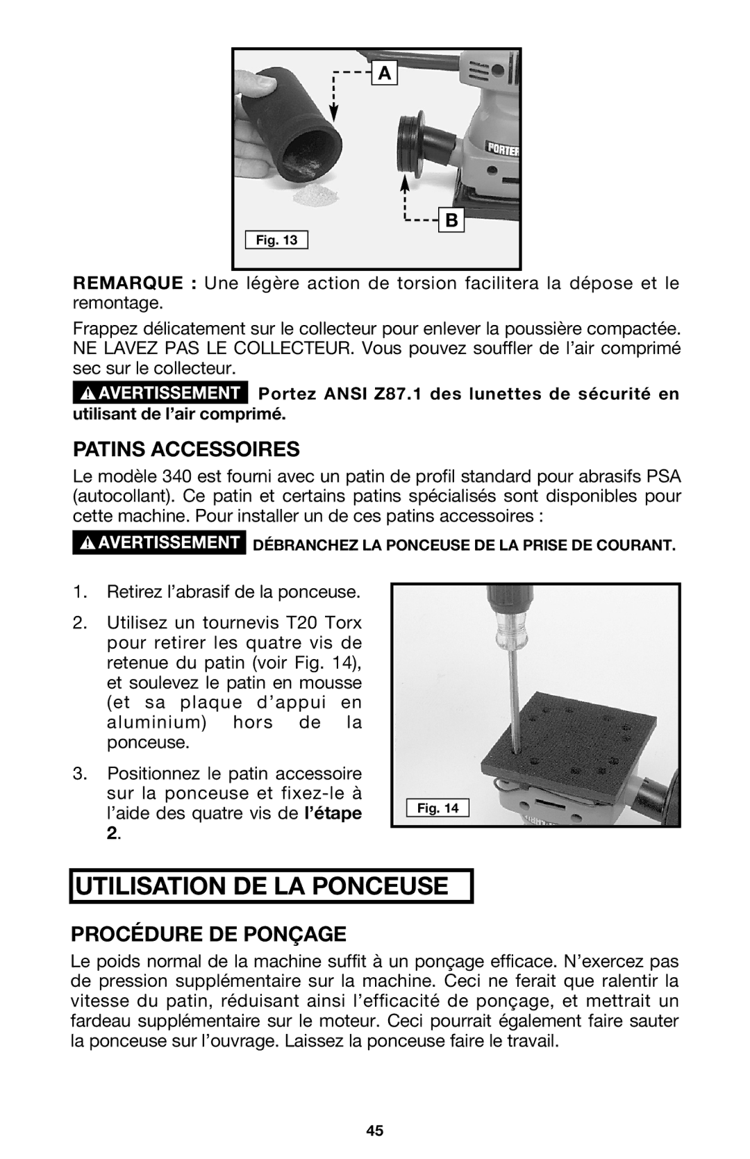 DeWalt 340 instruction manual Patins Accessoires, Procédure DE Ponçage 