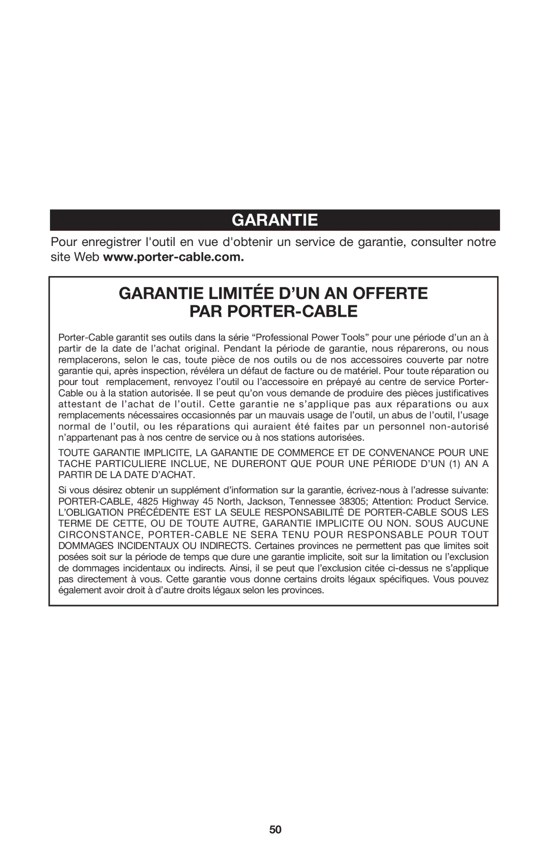 DeWalt 340 instruction manual Garantie Limitée D’UN AN Offerte PAR PORTER-CABLE 