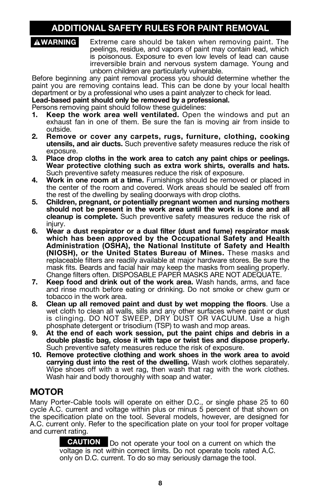 DeWalt 340 instruction manual Additional Safety Rules for Paint Removal, Motor 