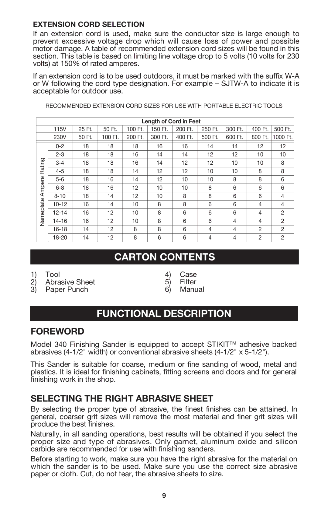 DeWalt 340 instruction manual Carton Contents, Functional Description, Foreword, Selecting the Right Abrasive Sheet 