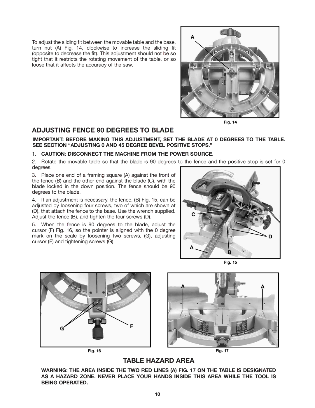 DeWalt 36-255 instruction manual Adjusting Fence 90 Degrees to Blade, Table Hazard Area 