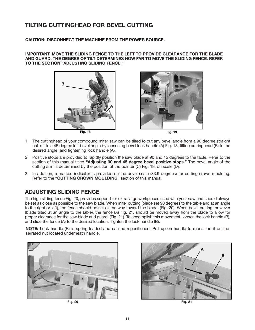 DeWalt 36-255 instruction manual Tilting Cuttinghead for Bevel Cutting, Adjusting Sliding Fence 