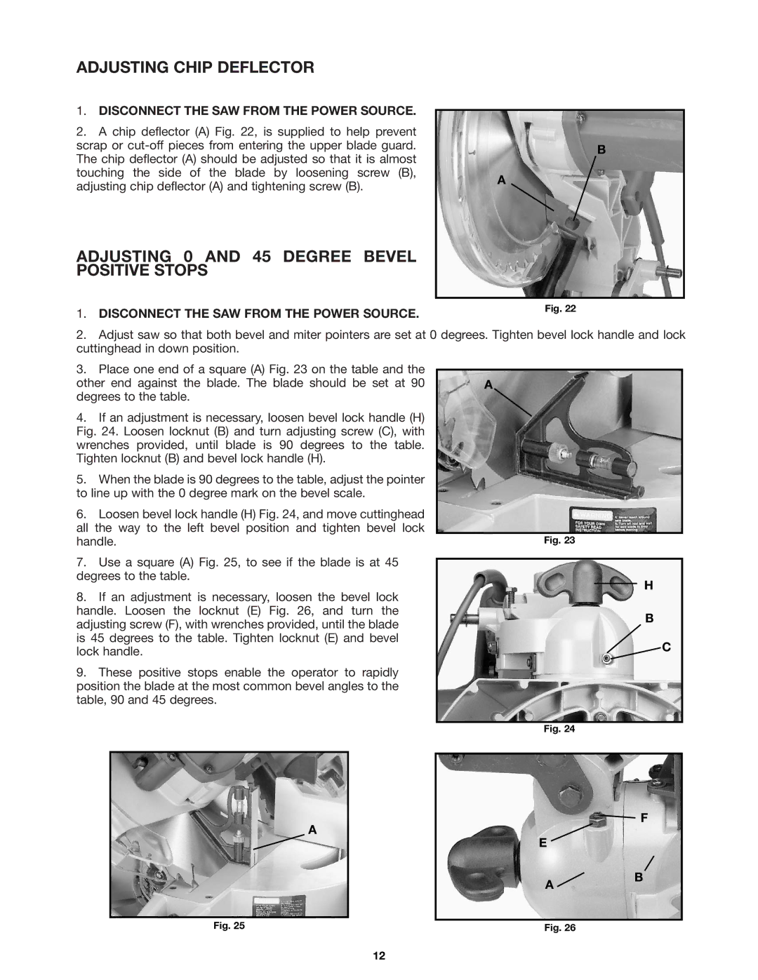 DeWalt 36-255 instruction manual Adjusting Chip Deflector, Adjusting 0 and 45 Degree Bevel Positive Stops 