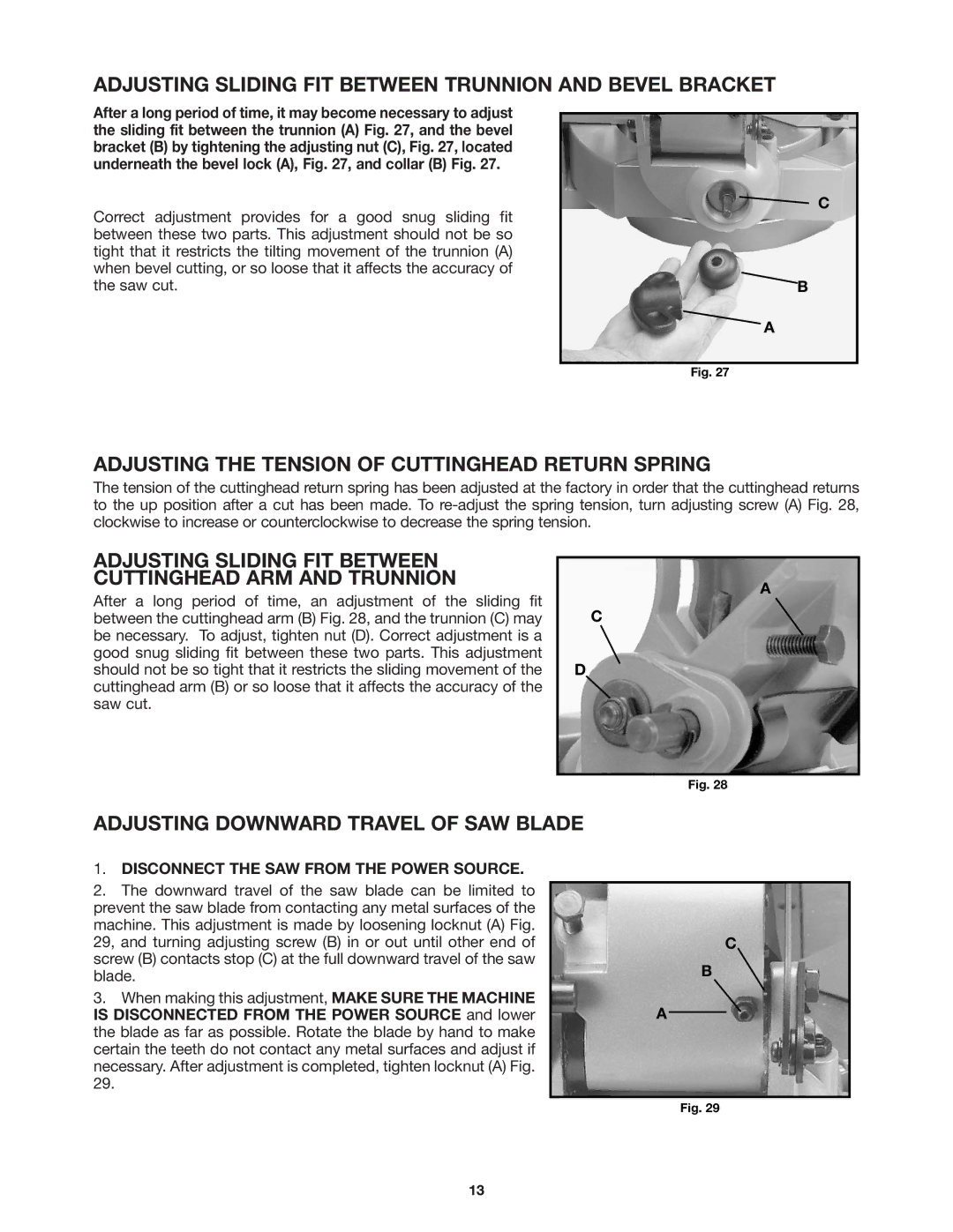 DeWalt 36-255 Adjusting Sliding FIT Between Trunnion and Bevel Bracket, Adjusting the Tension of Cuttinghead Return Spring 