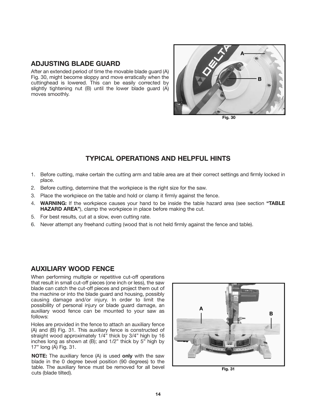 DeWalt 36-255 instruction manual Adjusting Blade Guard, Typical Operations and Helpful Hints, Auxiliary Wood Fence 