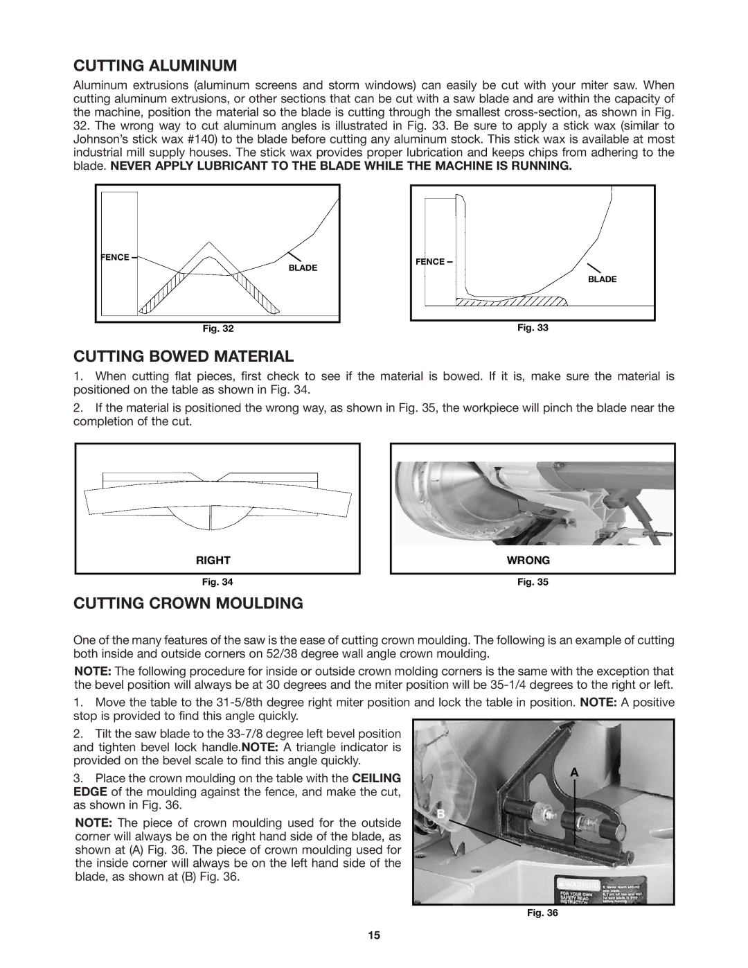 DeWalt 36-255 instruction manual Cutting Aluminum, Cutting Bowed Material, Cutting Crown Moulding 