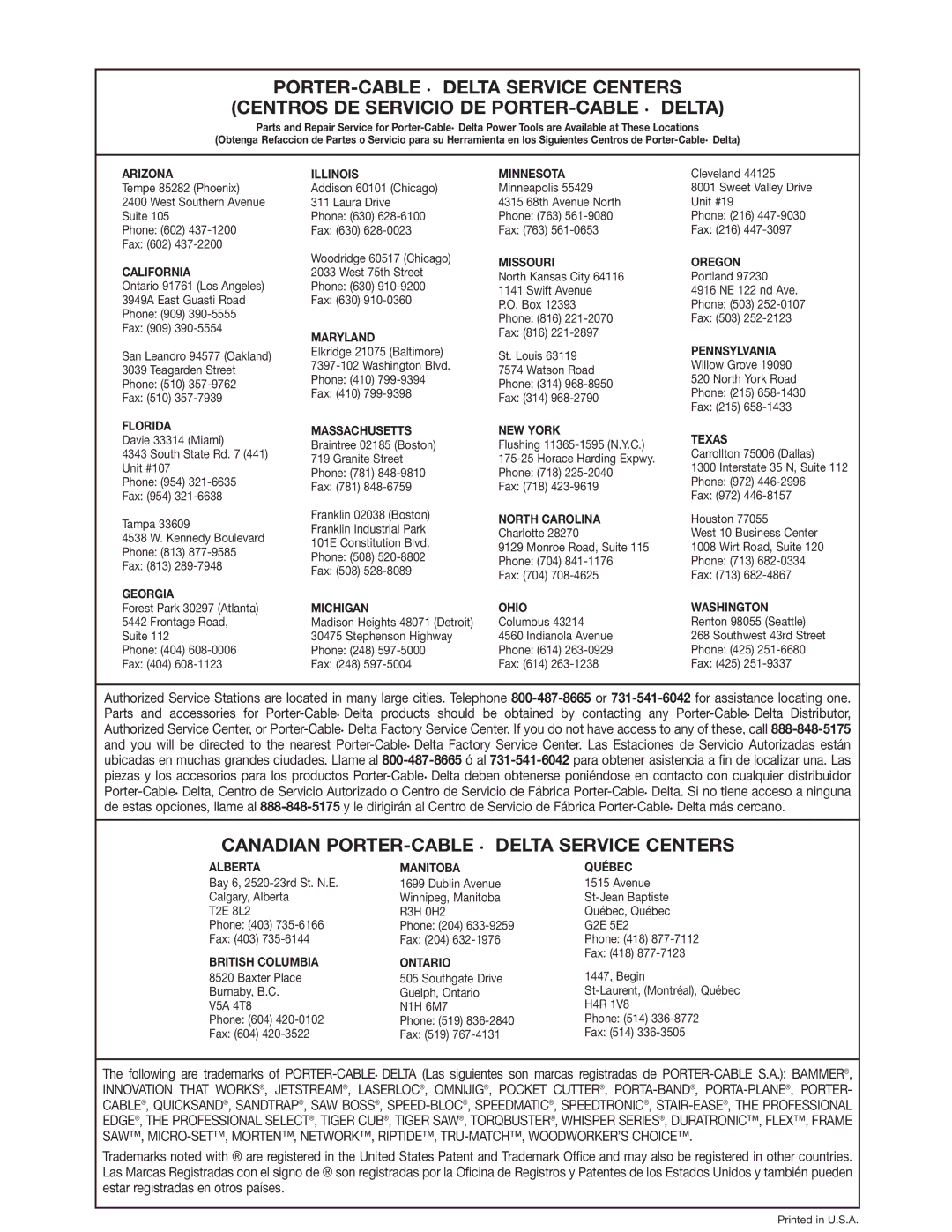 DeWalt 36-255 instruction manual Canadian PORTER-CABLE Delta Service Centers 